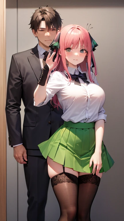 Two people、men and women、full body figure、((One Man、25age、male))、((one girl,big boobs,big boobs,perfect 5-fingered hands、mini skirt、Black panties are visible、Black Panties、shy face、Voluptuous legs、perfect thing、highest quality、big breasts、detailed description、small details、detailed face、white skin、Nino Nakano、pink heir、butterfly heir ornament、The Bride of Fifths、school uniform、white shirt、summer clothes、green skirt、lift skirt、Skirt flip、Black Lace Garter Belt、Black lace stockings))、erotic pose、classroom、maleが背後からNino Nakanoを抱きしめる