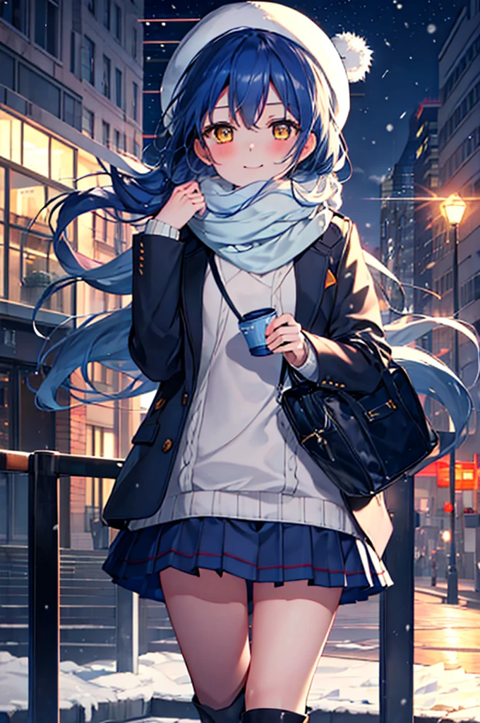 highest quality, masterpiece, High resolution, alone, {Sonoda_Ocean_lovelive:1.15}, blue hair，long hair，I have my hair tied back in a round shape.，knit hat， yellow eyes, blush, bangs, smile, 1 girl,mouth closed,smile, viewer,  upper_body, Blue coat,red orange sweater,Grey muffler,white mini skirt,Blue tights,White Short Boots,city、walk,winter、that&#39;It&#39;s snowing,evening