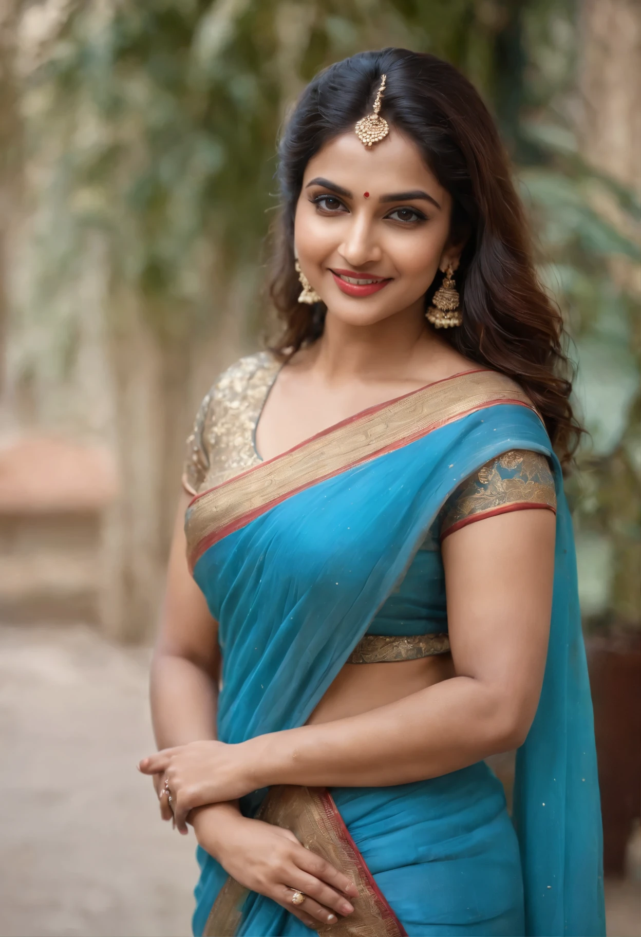 (best quality, highres, 4k, masterpiece,wearing blue saree,low waist,navel sexy smile