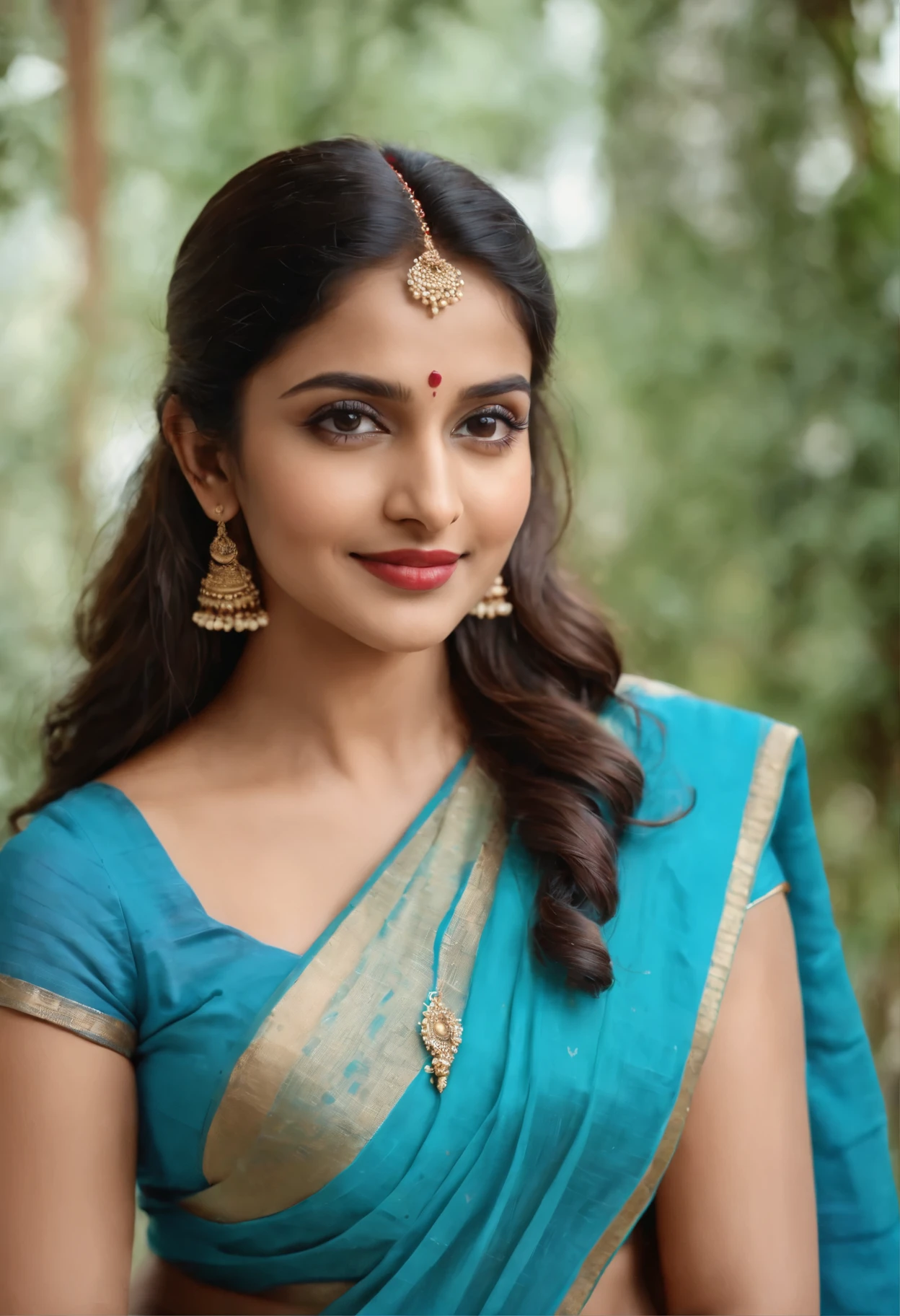 (best quality, highres, 4k, masterpiece,wearing blue saree,low waist,navel sexy smile