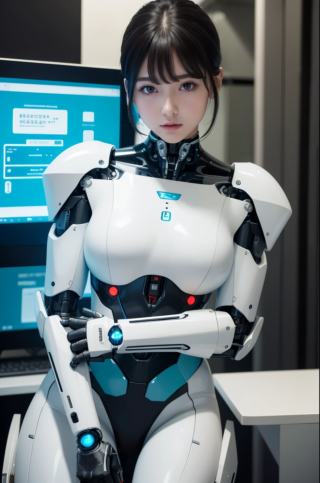 (Photorealistic:1.4), (Raw photo)masutepiece, Best Quality, Extremely detailed, (Photorealistic:1.4), (8K, 4K, Best Quality, hight resolution, 超A high resolution:1.1), 8K Portrait,1girl in, Japanese android gid,Plump , announcer,control panels,android,Droid,Mechanical Hand, ,Robot arms and legs, Black hair,Mechanical body,Blunt bangs,White Robotics Parts,perfect robot woman,Charging spot,Long Tube,A thick cable was connected to his neck.,ceramic body ,Mechanical body, mechanical ear covers,android,robot humanoid,Slightly Chubby,pantiy,complete eyes,Perfect machine body,White robot body,The laboratory of the future,android factory,mechanical ear covers,White and light blue uniform,aqua accent costume,perfect cyborg girl
