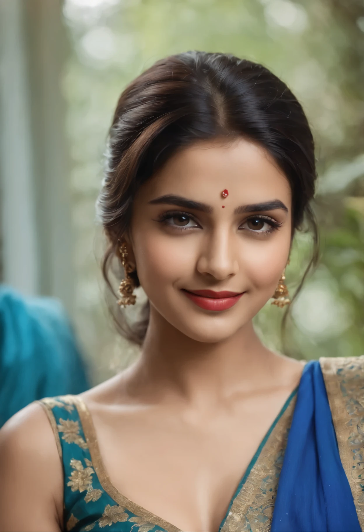 (best quality, highres, 4k, masterpiece,wearing blue saree,low waist,navel sexy smile