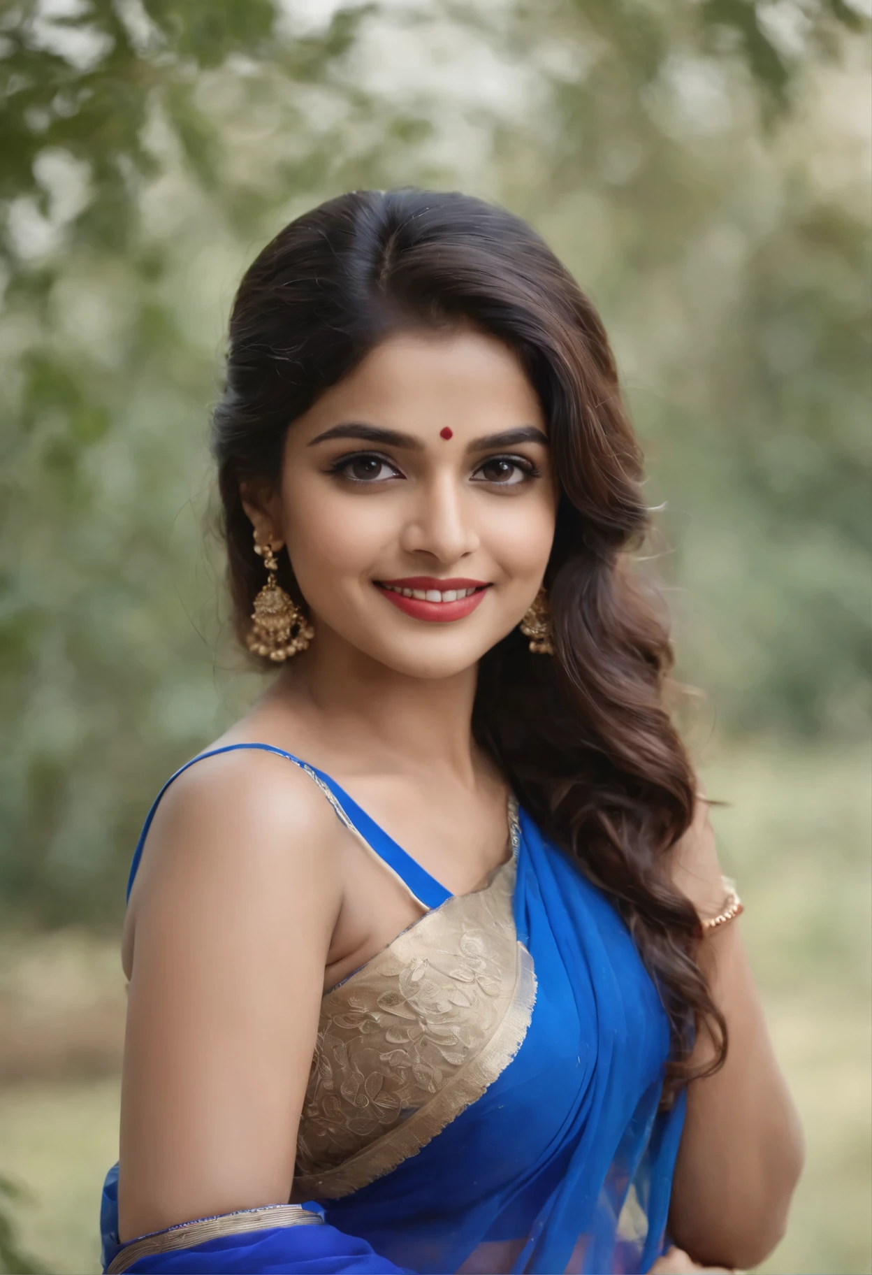 (best quality, highres, 4k, masterpiece,wearing blue saree,low waist,navel sexy smile
