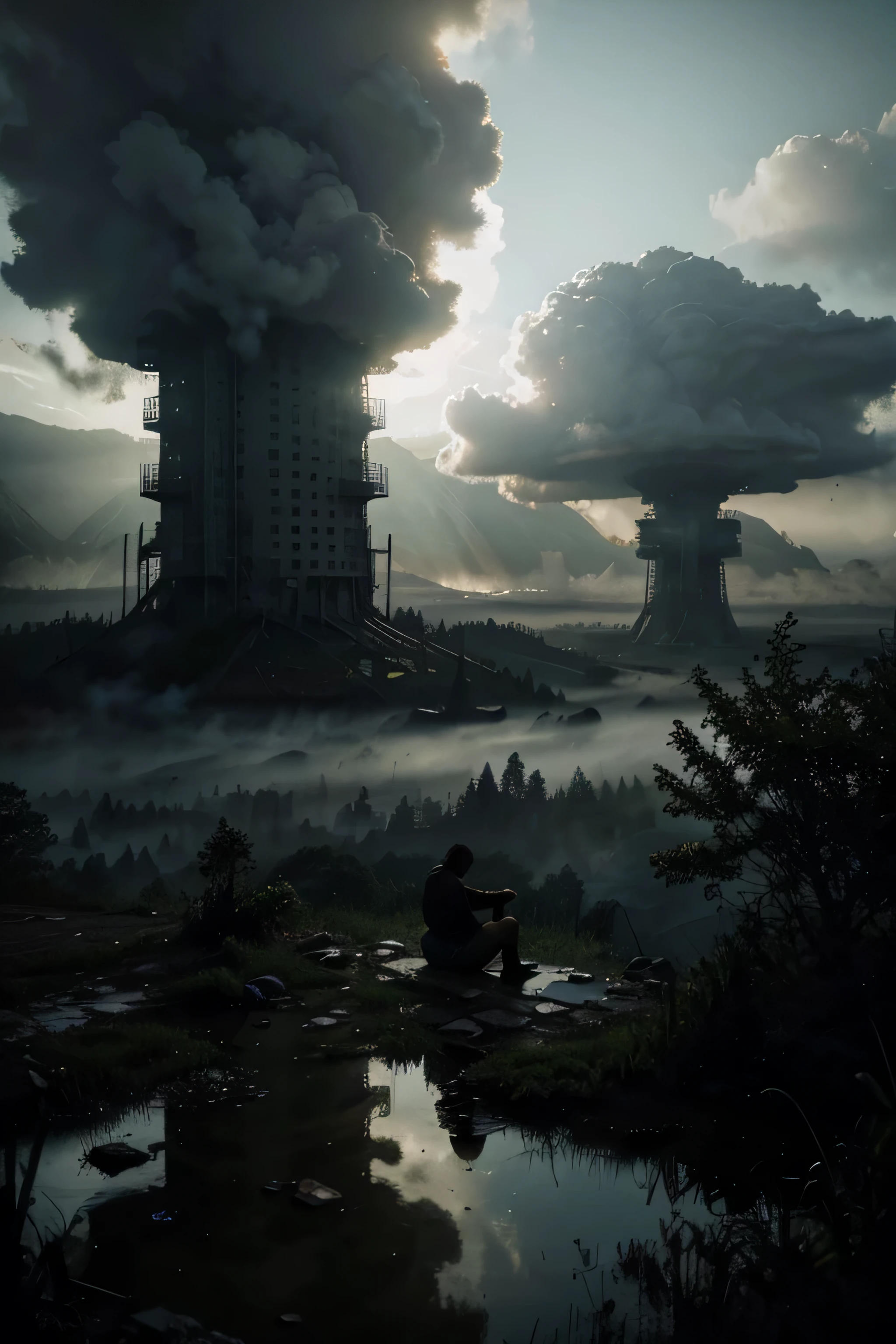 a man in ruins, sitting at skyline. looking at sky, forest, cinematic, detailed, atmospheric, epic, concept art, matte painting, background, mist, photo-realistic, concept art, volumetric light, cinematic epic, 8k