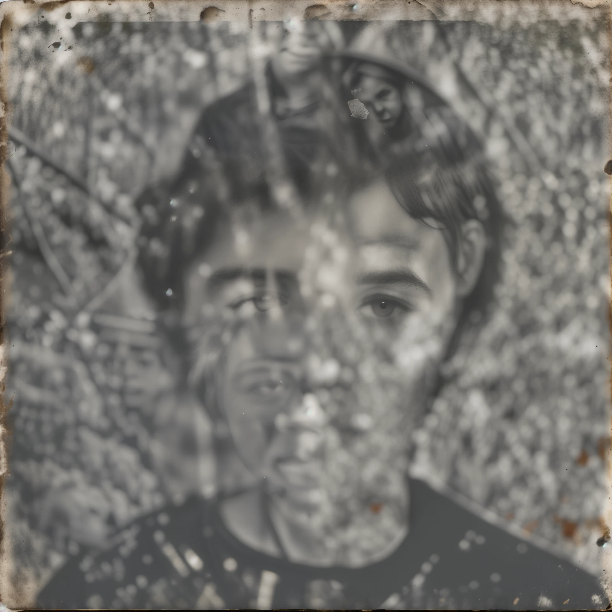 arafed photo of a young boy with a black shirt and a black shirt, aged photo, realistic old photograph, tin type, realistic old photo, dusty old ferrotype, grainy damaged photo, collodion photograph, old tintype, tintype photo, damaged photo, tintype, masterpiece tintype, collodion photography, wet collodion, tintype photography