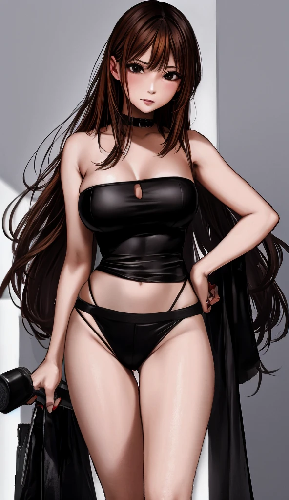 A beautiful adult woman with shoulder-length big breasts, beautiful legs, and a sharp face is standing with middle-aged men in suits wearing a black tube top that exposes her navel and black panty-like hot pants.。I&#39;m portraying a middle-aged man。