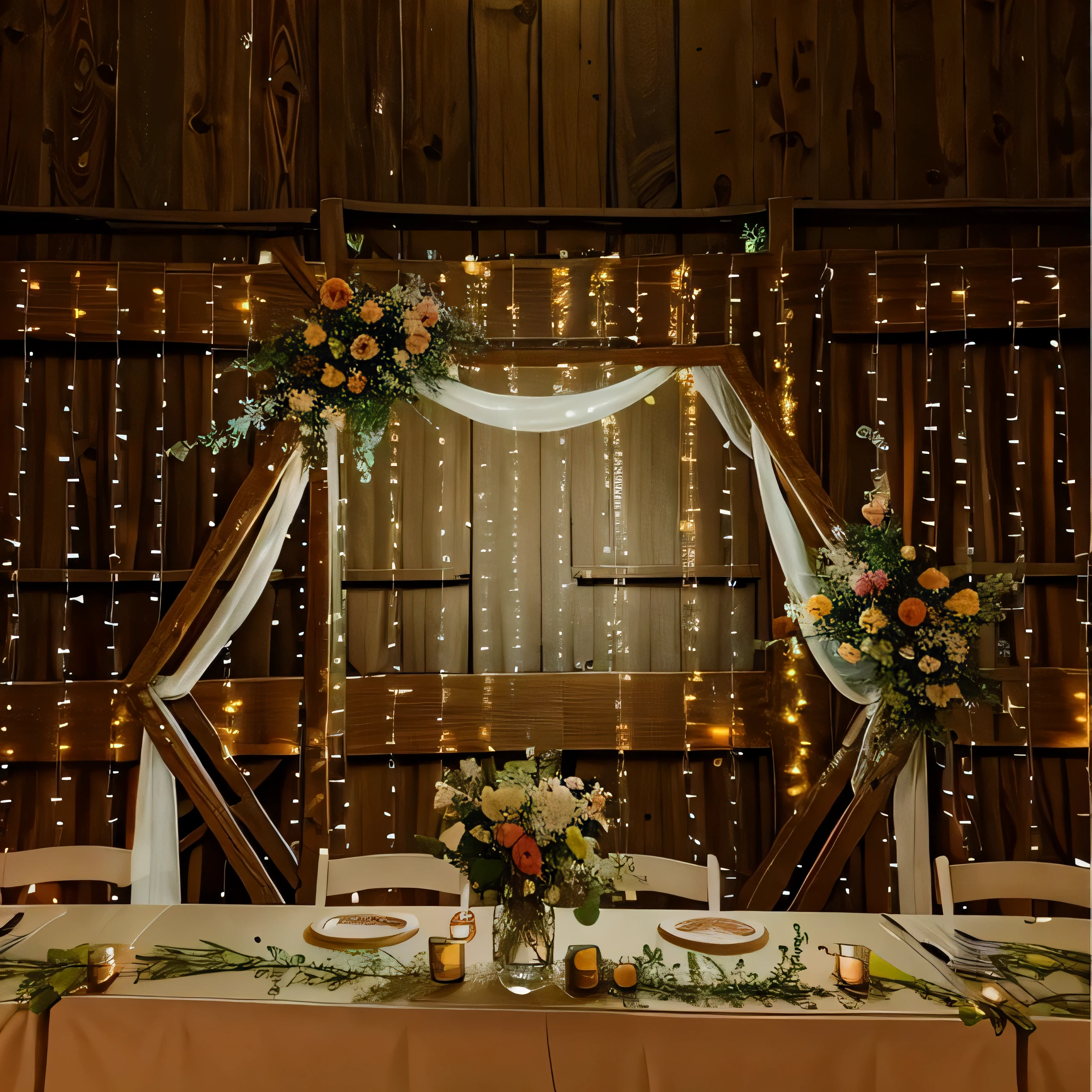 Close-up of a table,Covered with tablecloths and flowers, rural setting, fairy tale setting, Geometric background; lead, Stunning mysterious background, Intricate sparkling atmosphere, Indoor setup, enchanted surroundings, Luminous curtains, Central symmetry, Glowing details, Glowing details!, rural, Beautiful setting, Gorgeous and intricate backgrounds, dreamy and detailead, there are archways