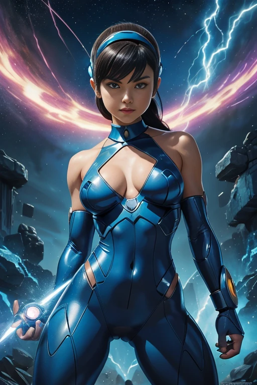 Female Megaman, charged up her arm cannon, stands in a dynamic pose, ready to unleash the powerful energy pulsating through her arm cannon, art, , epic, flawless skin, ruins slender, hyper realistic, , 8k, artwork by Frank Cho, Boris Vallejo and Alberto Vargas