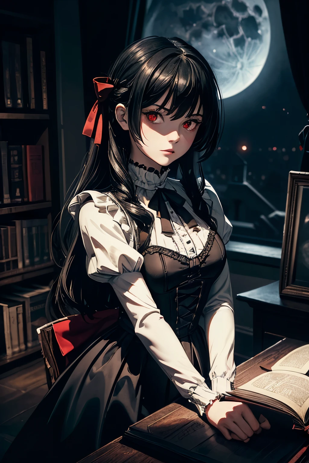 (masterpiece), (((highest quality)), (super detailed), 1 girl, ((red eyes)), detailed eyes, white hair, long hair, gothic clothes, black dress, frills, white stockings, ((night)), indoors, ((dark room)), ((dark)), books, bed, arms behind back, looking_at_viewer, Top Quality, Rich Detail, Perfect Image Quality, calm, dark lighting, moon, stars, gothic, black hair ribbons, ((shadows)), high contrast, moonlight