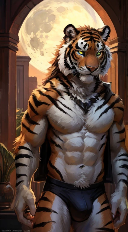 Tiger male, full body covered in fluffy fur, , big muscular chest, volumetric abs, day, , detailed, uploaded to e621, beautiful and detailed portrait of an anthropomorphic white tiger (((male))) kenket, ross tran, ruan jia, uploaded to e621, zaush, foxovh, movie lighting, moon lights, glowing eyes, white fur, long dark mane of hair, wear black underwear