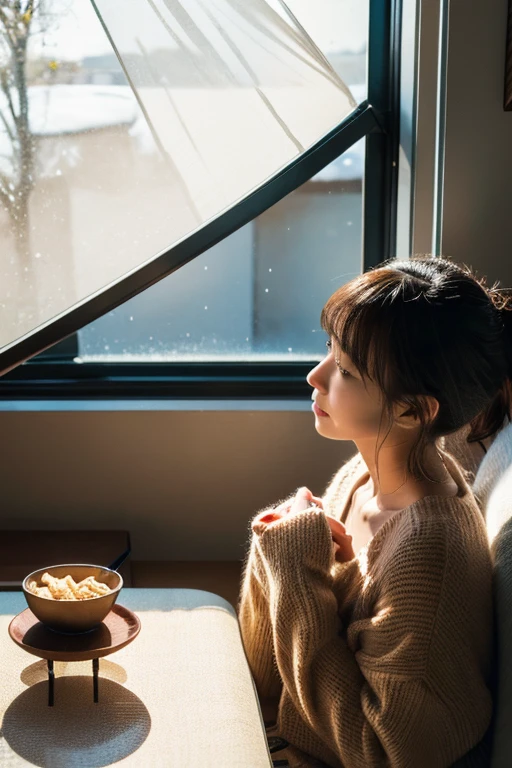 Warm Japanese winter day,20 year old Japanese woman sitting around a kotatsu,on the kotatsu,The rice cakes are carefully baked on a gas stove.,Her expression is warm、The room is filled with soft light,I can see the snowy scenery outside from the window.、There is a sense of the season,(best quality,In 4K,8K,High resolution,muste piece:1.2,Reality,anatomically correct,Use natural light and color),ultra-realistic capture, extremely detailed, 人間の皮膚のHigh resolution16kクローズアップ. Skin texture must be natural, Enough detail to finely identify pores. skin should look healthy, fine white skin,medium breasts,