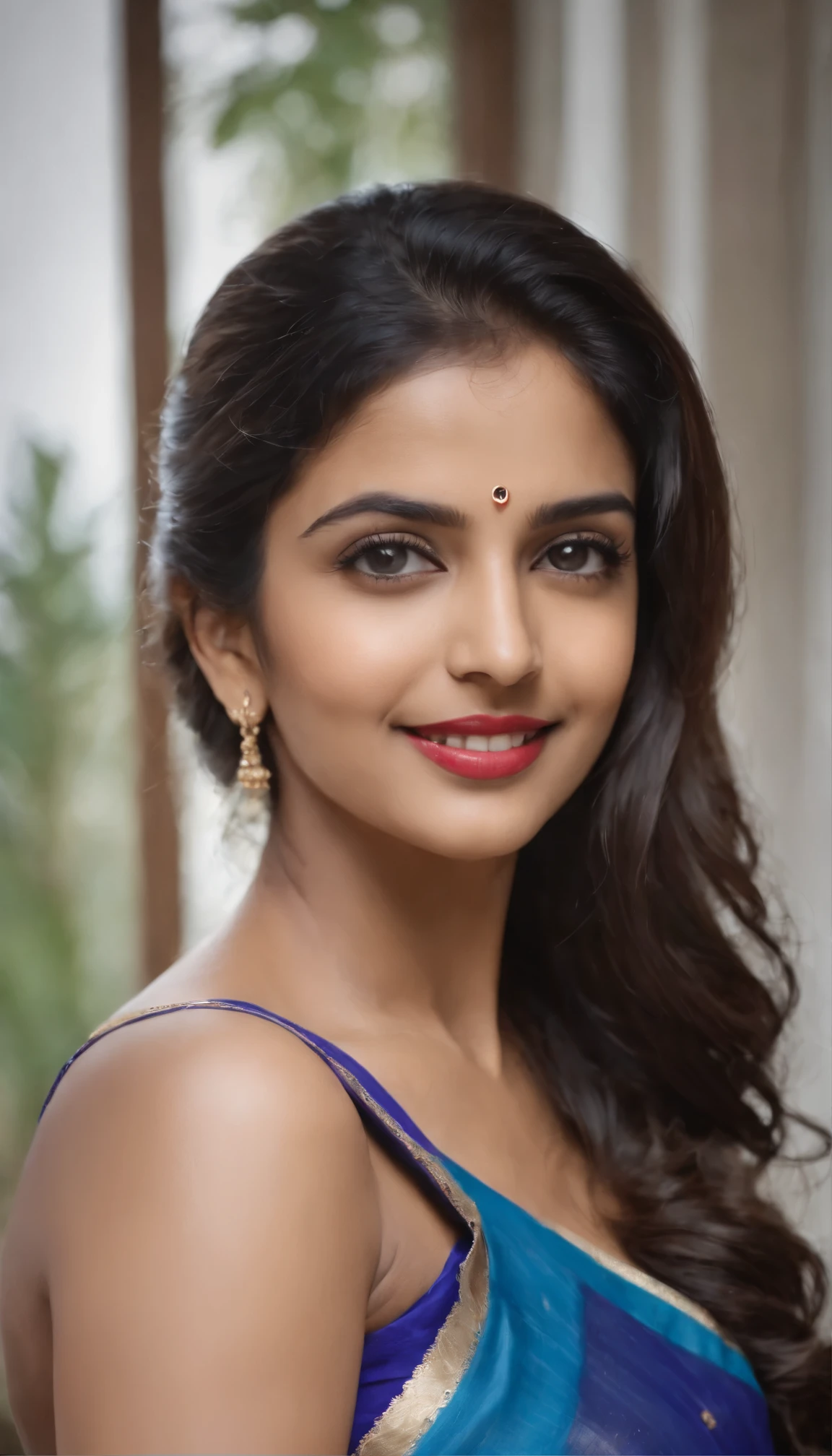 (best quality, highres, 4k, masterpiece,wearing blue saree,low waist,navel sexy smile
