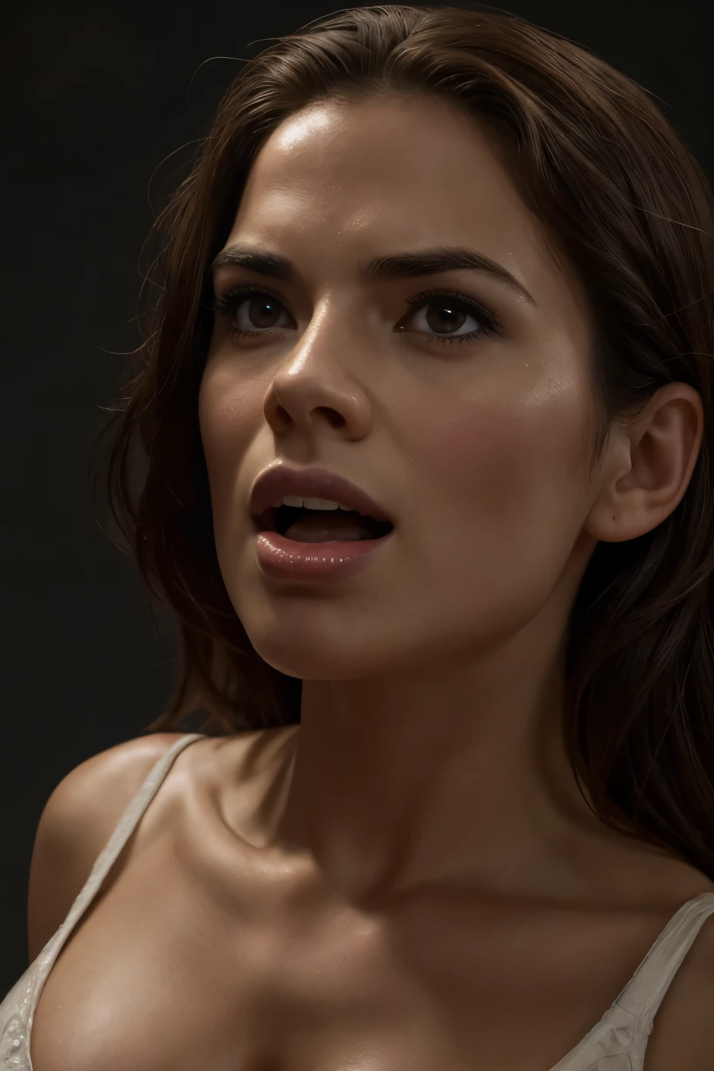 (thirty year-old) woman, hayley atwell, beautiful body, beautiful legs, big ass, nice tits, round tits, small breasts, beautiful thighs, tits out, nipples exposed, nipples showing, moaning, AHEGAO FACE, MOANING FACIAL EXPRESSION, FACE OF PLEASURE, BEING PLEASURED SEXUALLY, mouth wide open, mouth open, mouth fully open, sad eyebrows, eyebrows showing sadness, mouth open all the way, tongue visible, opening mouth wide, inside of mouth visible, saliva in mouth, moaning face, ahegao, ahegao face, sexual face expression, (dark brown) hair, clear smooth skin, smooth skin, detailed skin, clear skin, intricate, 8k, highly detailed, (extremely detailed CG unity 8k wallpaper), ((square jaw)), (well defined jaw), (downturned lips), (detailed anatomy), Hyperrealistic full shot body image, trending on CGSociety, Intricate, High Detail, Sharp focus, dramatic, volumetric lighting, digital painting, intense, modelshoot style, (extremely detailed CG unity 8k wallpaper), full shot body photo of the most beautiful artwork in the world,