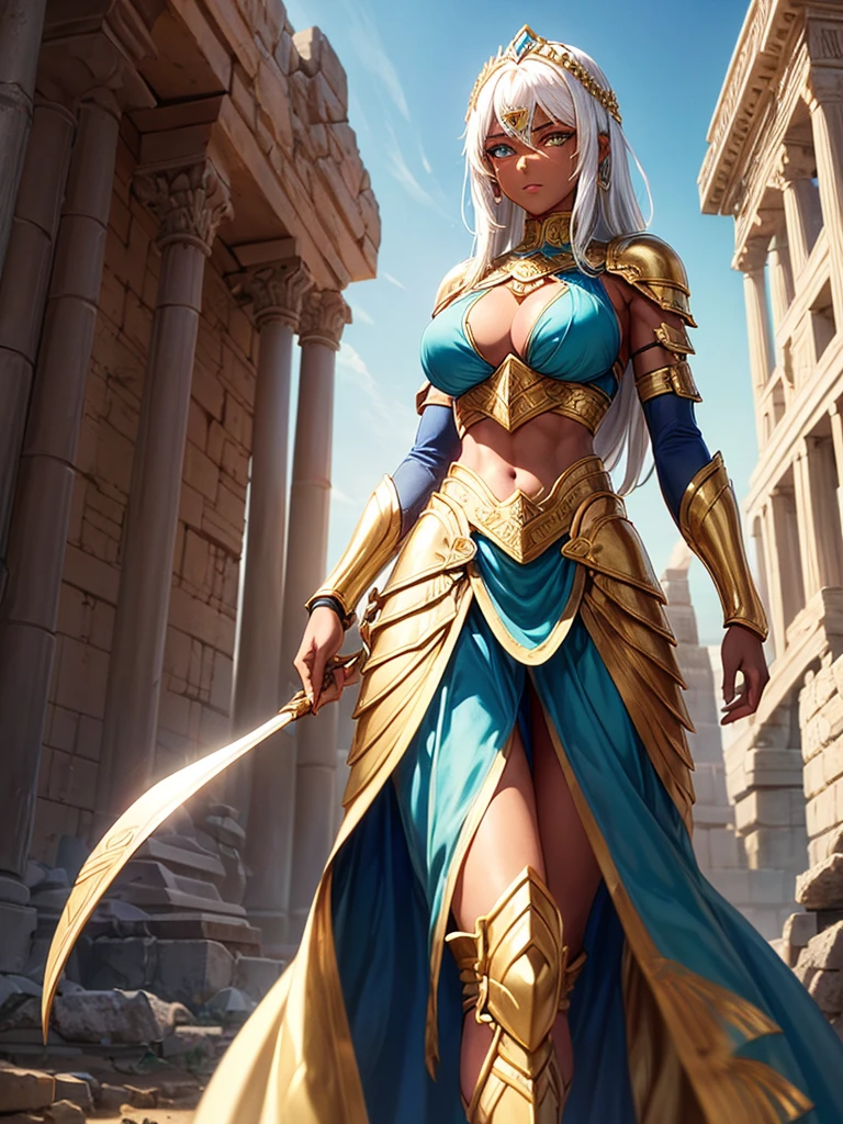 Mesopotamian warrior goddess (dark skin) (1 girl) (short chin-length white hair) (green eyes) (toned and slender body with perfect breasts) (armor and mesopotamian clothing of gold with blue color) (seductive pose) (Mesopotamian ruins) (day sky)