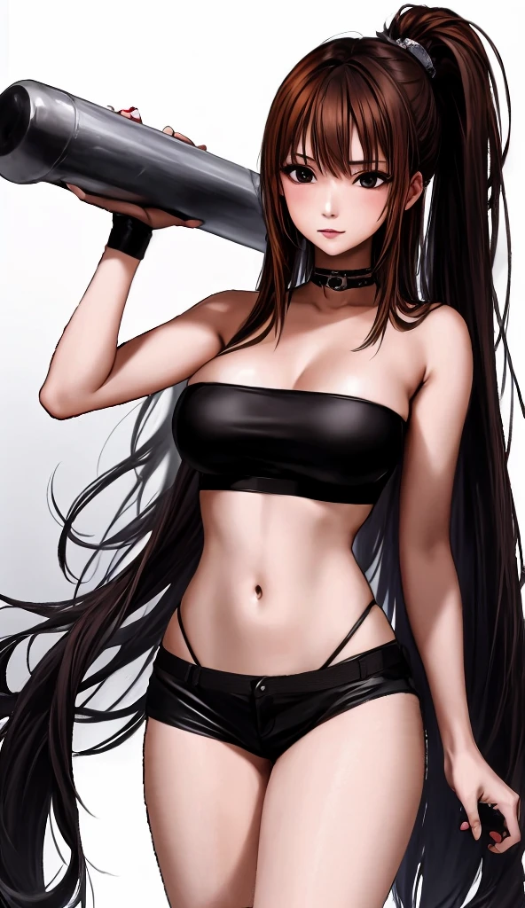 A beautiful adult woman with shoulder-length big breasts, beautiful legs, and a sharp face is standing in a black tube top that exposes her navel and black hot pants that look like panties.。