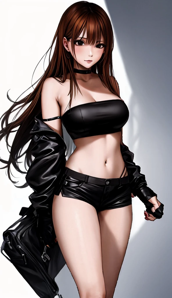 A beautiful adult woman with shoulder-length big breasts, beautiful legs, and a sharp face is standing in a black tube top that exposes her navel and black hot pants that look like panties.。