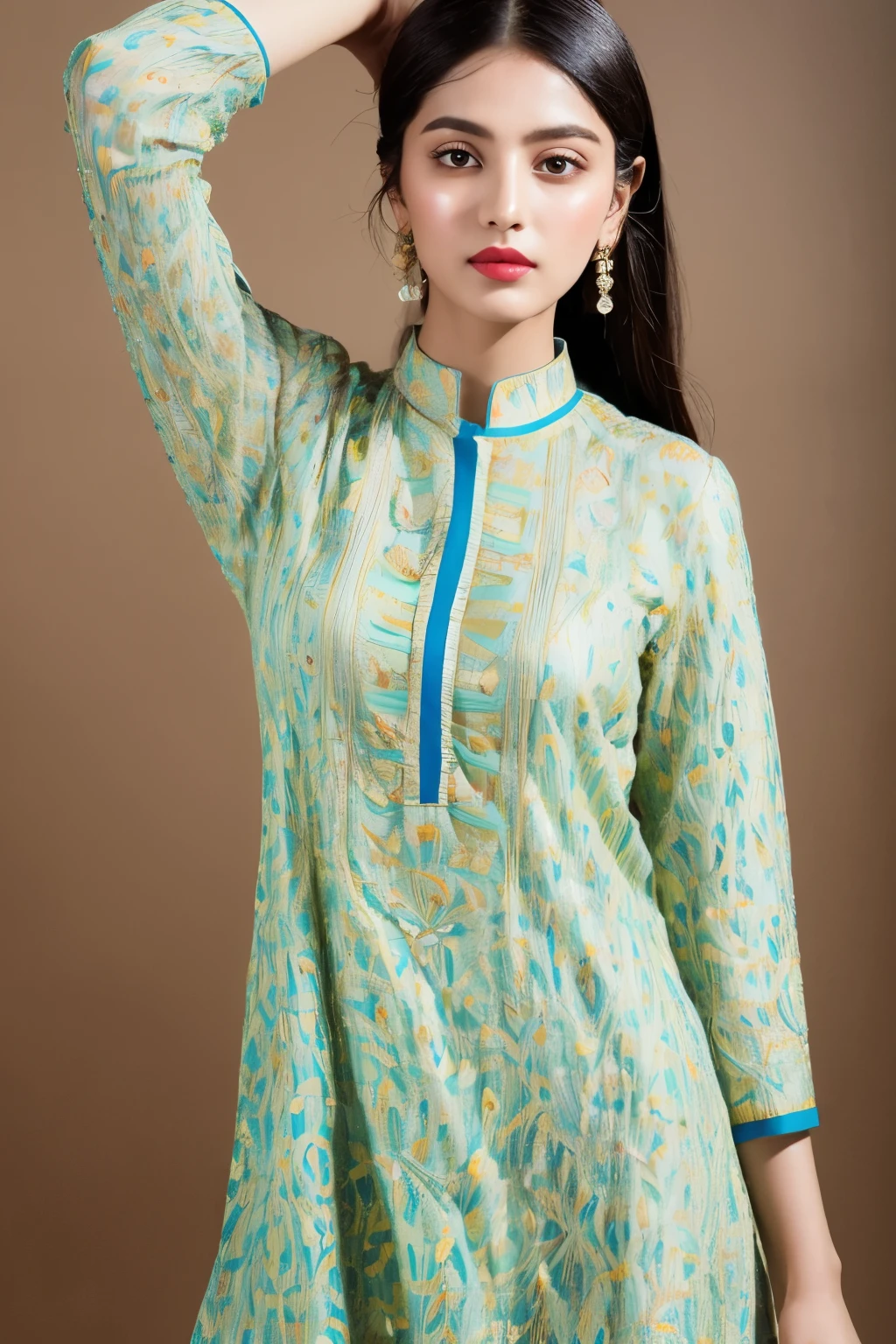 Top-notch, premium quality, high-definition, 4K photography captures the essence of an exquisite Indian girl wearing an elegant and intricately designed kurti. The image showcases the vibrant colors and intricate details of the garment, highlighting the beauty of Indian fashion. The stunning model radiates confidence and grace as she poses against a simple backdrop, allowing the viewer to fully appreciate her captivating presence. From the finest threads to the flawless embroidery, every aspect of the kurti is depicted with utmost precision, emphasizing its premium craftsmanship. This visually stunning photograph is a true masterpiece, showcasing the rich cultural heritage and timeless elegance of Indian attire.