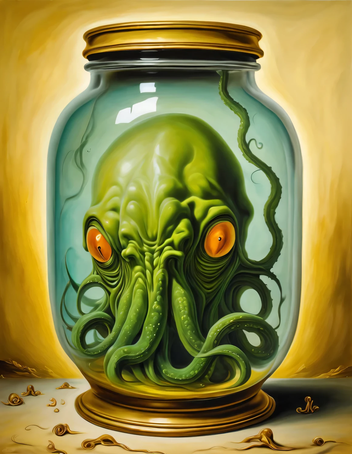 Oil painting in the style of Salvador Dali., Cthulhu in a jar, full compliance with the style of Salvador Dali, high detail, oil painting on canvas
