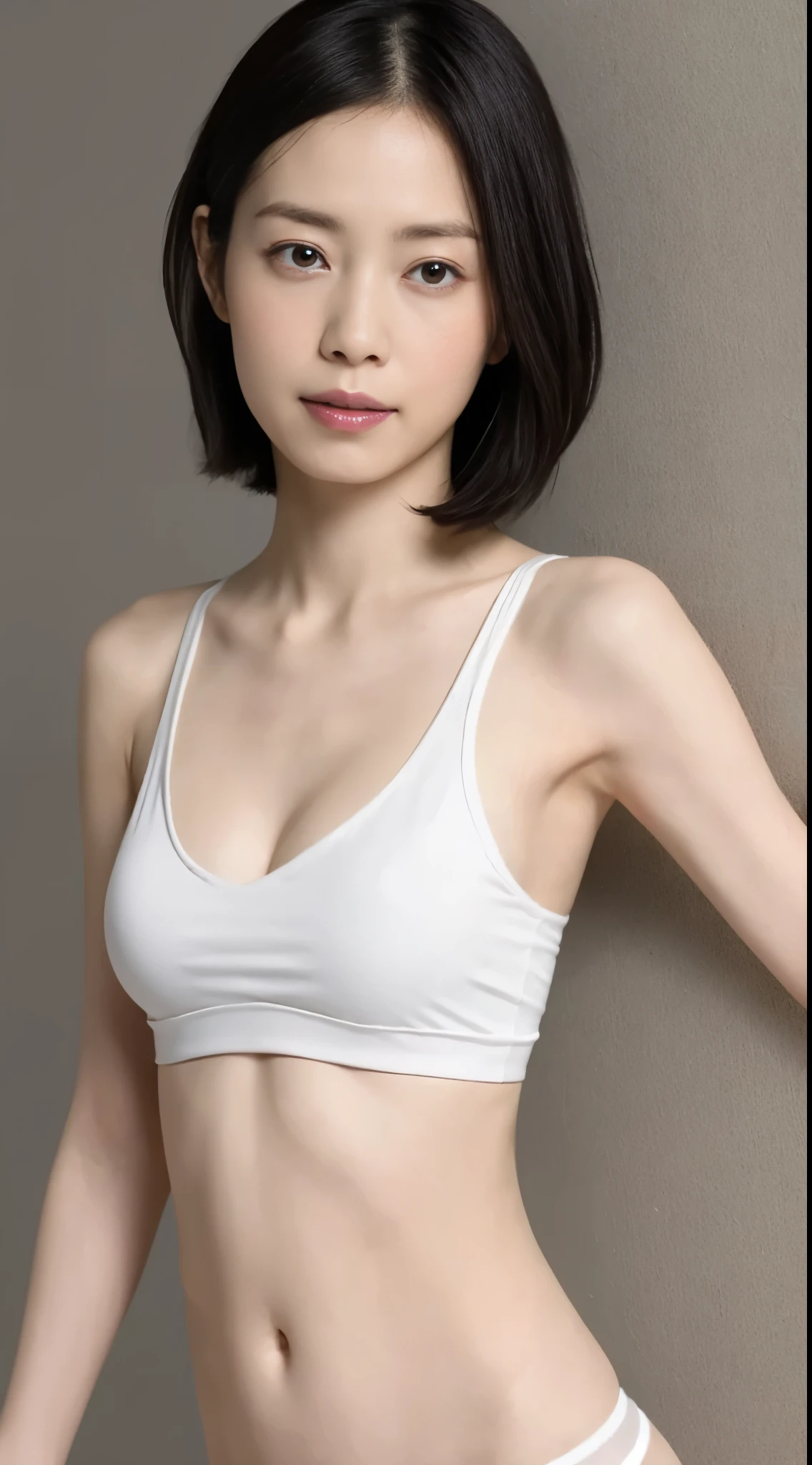 Japanese, Women of short stature, petite physique, Medium build, medium height, slightly plump, Short arms, single eyelid, long slit eyes, Ephemeral atmosphere, 30-year-old girl, black bob hair, ((thin lips)), white top and bottom underwear, muste piece, best quality, detailed skin, detailed eyes, ,8K, good anatomy, upper body portrait