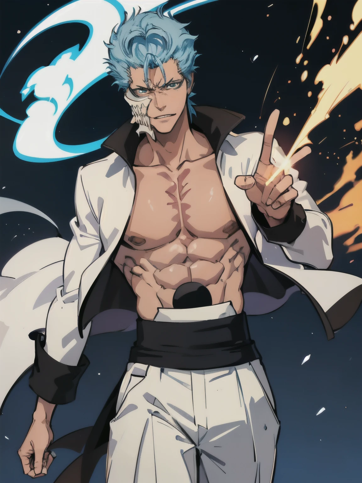 grimmjow jaegerjaquez, in the nighttime, noite, luz baixa, luz natural, pose de luta, white trousers, jaqueta branca, smiling with tongue out, roupas danificadas, pele danificada, rua, rua japonesa, luz baixa, raios de luz, poder aura, particle floating, serious face, angry, stoic, determined look, close up.