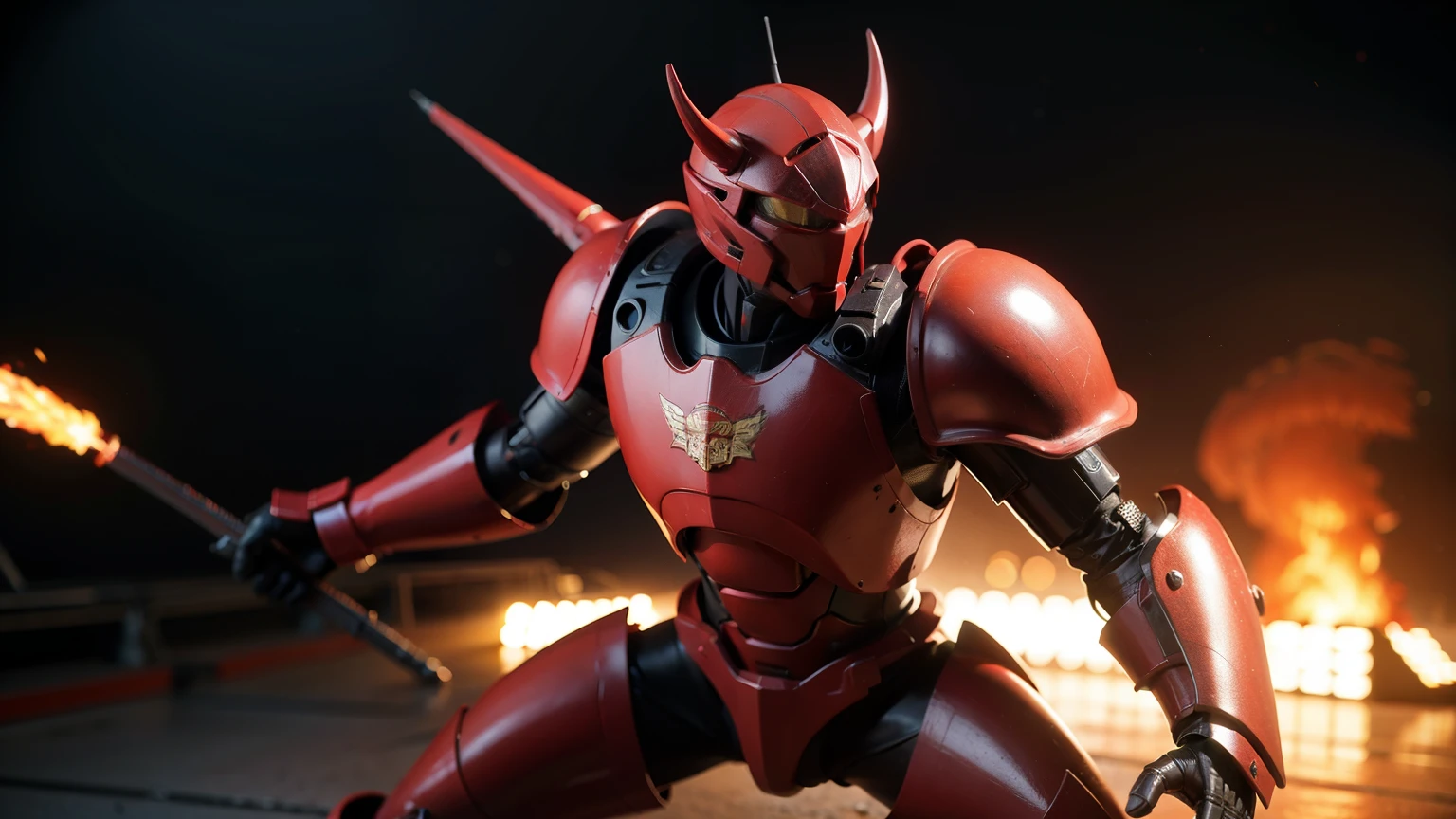 8k picture quality picture ratio 3:4,,3D game texture,The red armored robot is fighting out of the screen.(2:1),Armor perfect details,The background is a complex battlefield in a 3D game,background with depth。