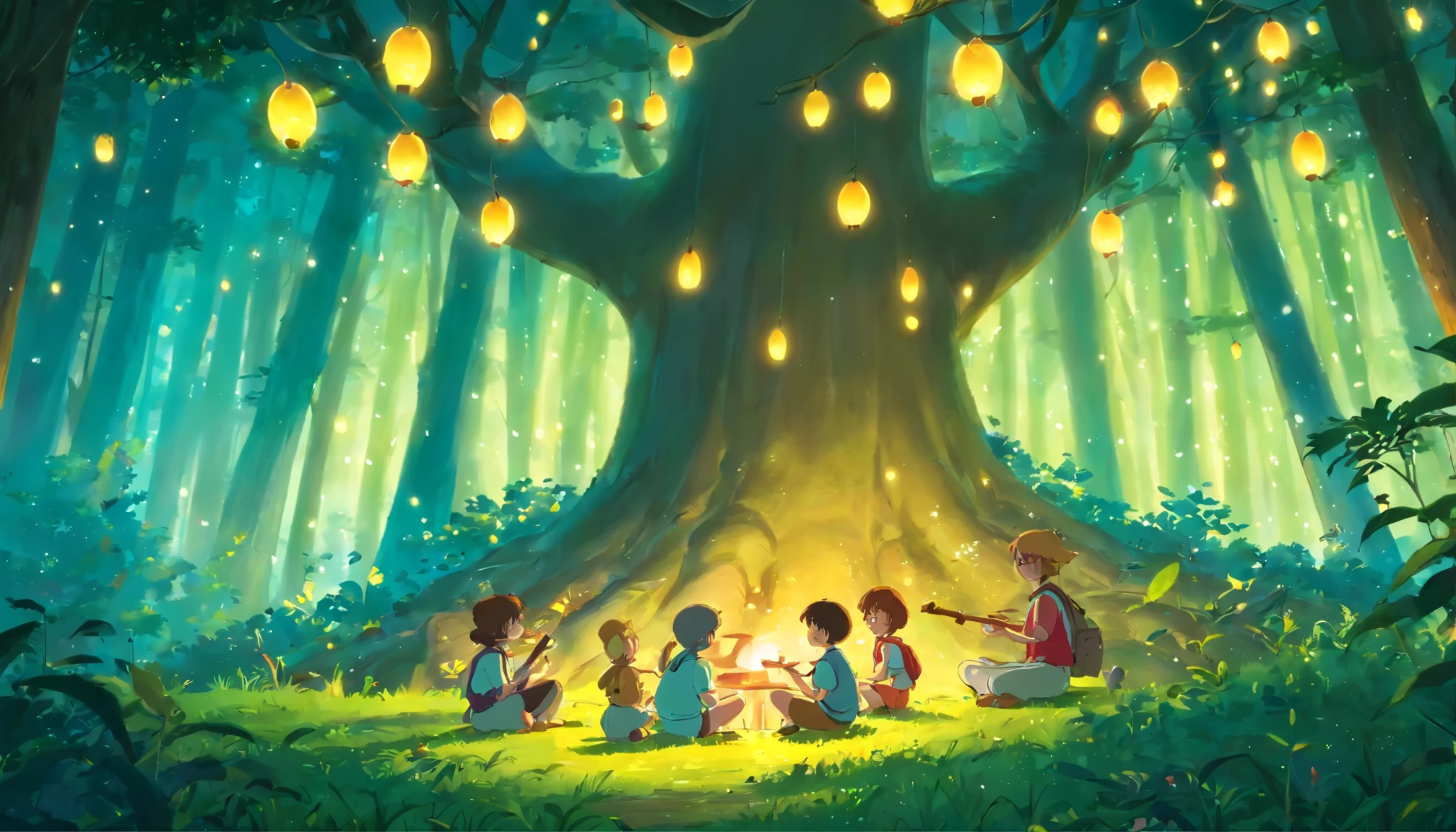 An enchanting scene of a group of kids and adorable forest creatures sitting under a magical tree, surrounded by soft glowing fireflies. The kids are playing musical instruments, and the creatures are listening attentively, creating a heartwarming and whimsical atmosphere. The setting exudes a sense of wonder and innocence, reminiscent of a Ghibli film. The colors are warm and inviting, and the overall mood is serene and nostalgic, evoking a feeling of childhood joy and friendship in a magical forest.