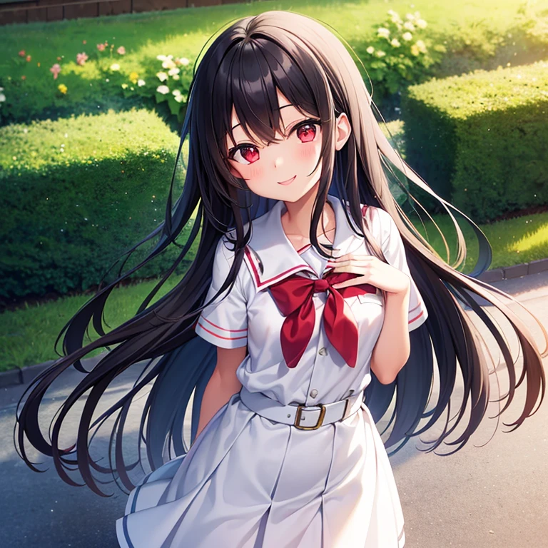 Photo from chest level up to head, 1 girl, cute face, happy, small, white school uniform, black long hair, red eyes, smile