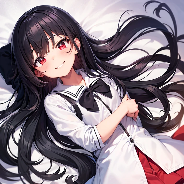 A woman with big ,Black long hair,twintails,Exquisite,(((transparent))),Red ribbon,Lolita,Slim waist,pubic,blush,bedroom,Lying down,