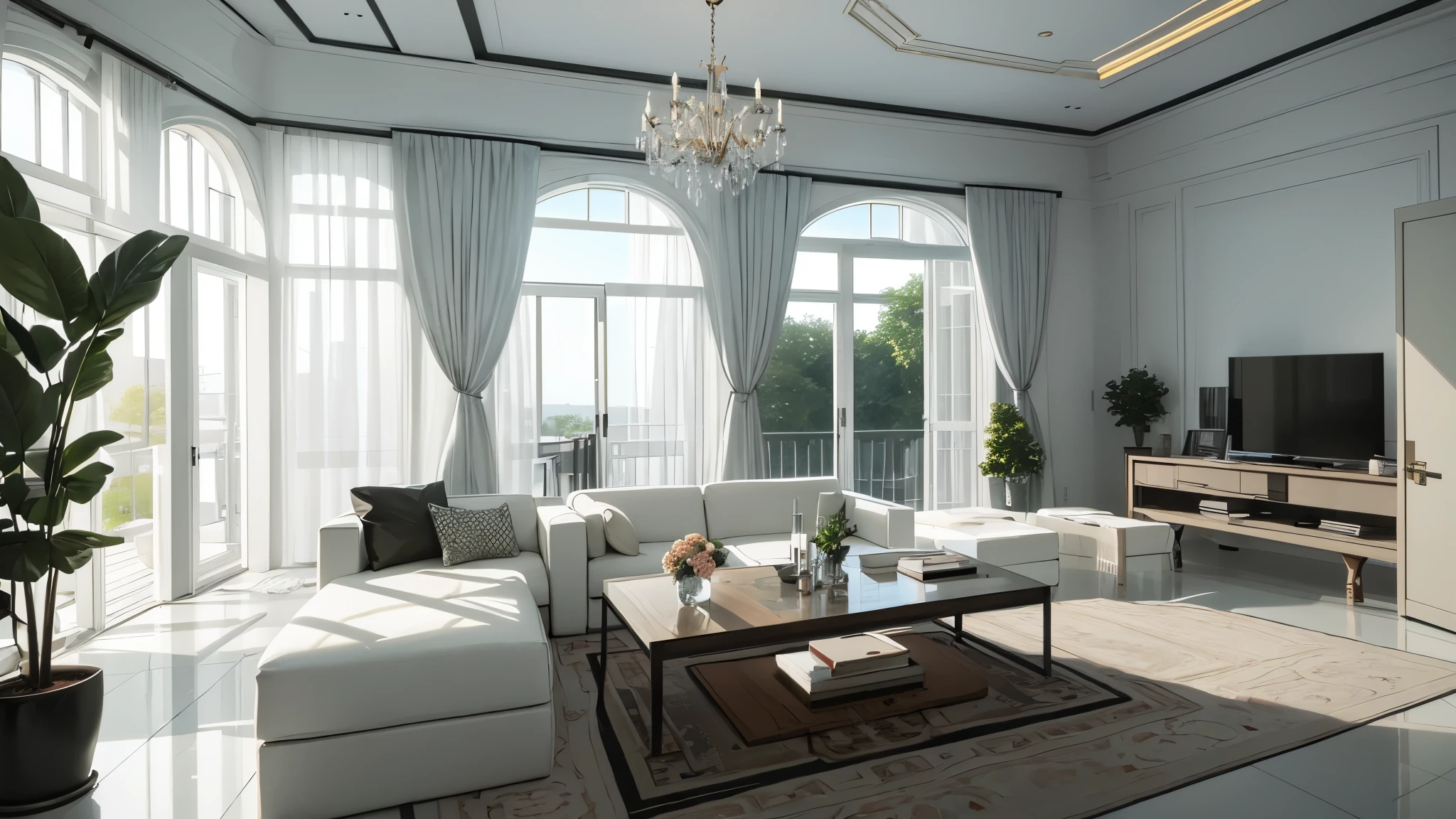 You are a famous interior designer、You have been asked to create a 3D image of a modern large room. Create a harmonious environment with modern and minimalist furniture. Including garden interior.