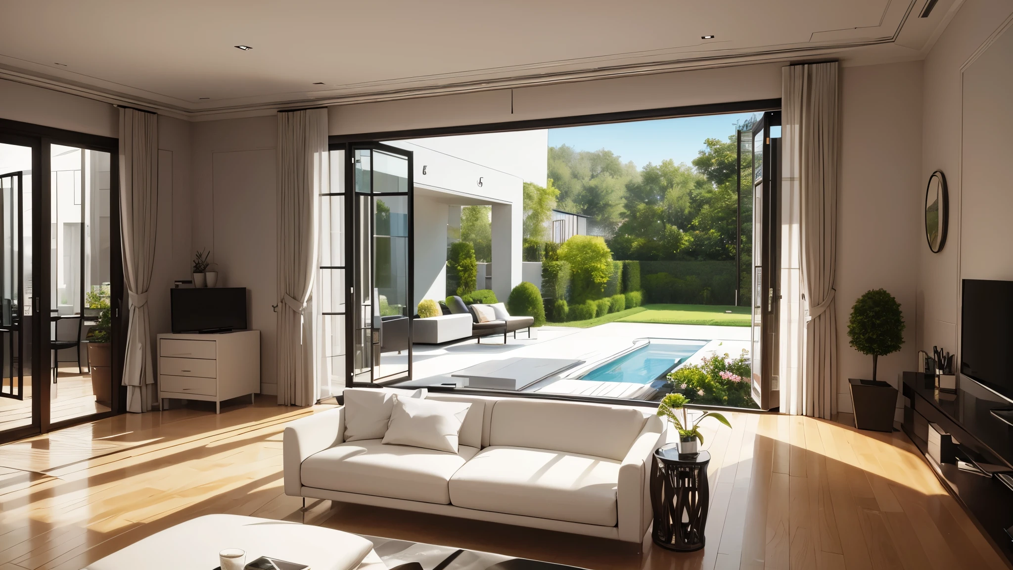 You are a famous interior designer、You have been asked to create a 3D image of a modern large room. Create a harmonious environment with modern and minimalist furniture. Including garden interior.