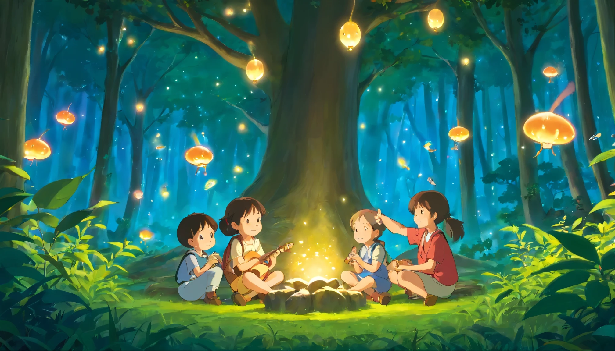 An enchanting scene of a group of kids and adorable forest creatures sitting under a magical tree, surrounded by soft glowing fireflies. The ???? are playing musical instruments, and the creatures are listening attentively, creating a heartwarming and whimsical atmosphere. The setting exudes a sense of wonder and innocence, reminiscent of a Ghibli film. The colors are warm and inviting, and the overall mood is serene and nostalgic, evoking a feeling of childhood joy and friendship in a magical forest.