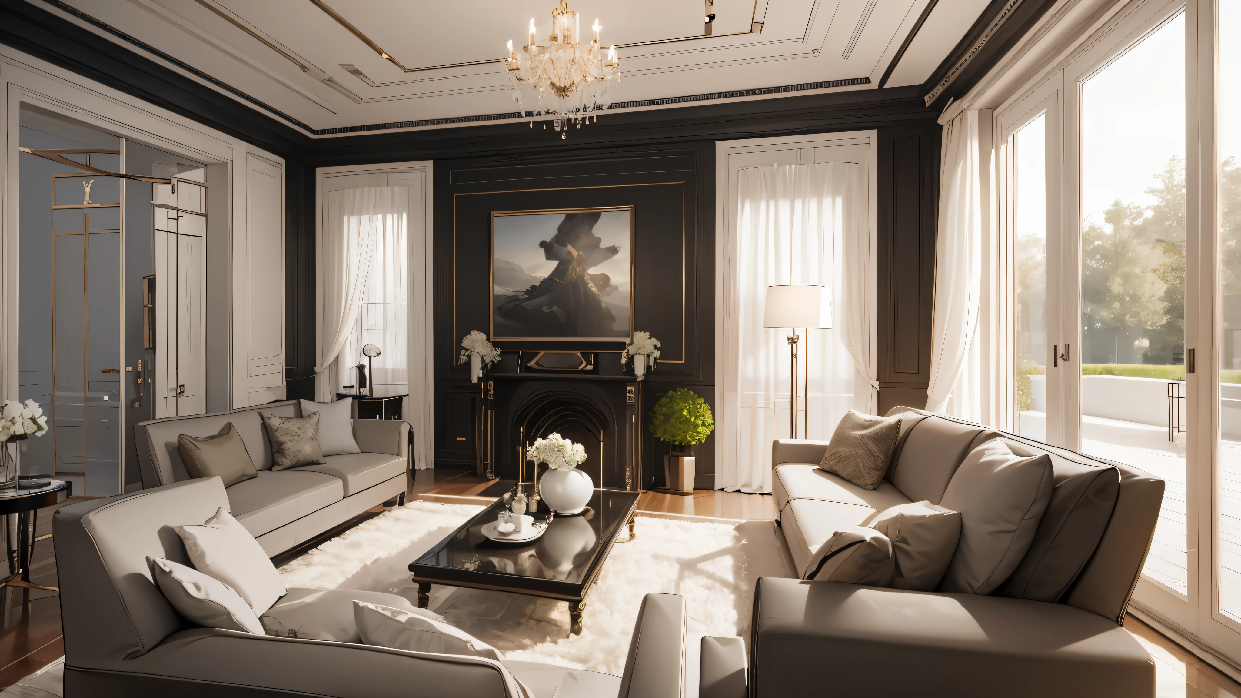 You are a famous interior designer、You have been asked to create a 3D image of a modern large room. Create a harmonious environment with modern and minimalist furniture. Including garden interior.