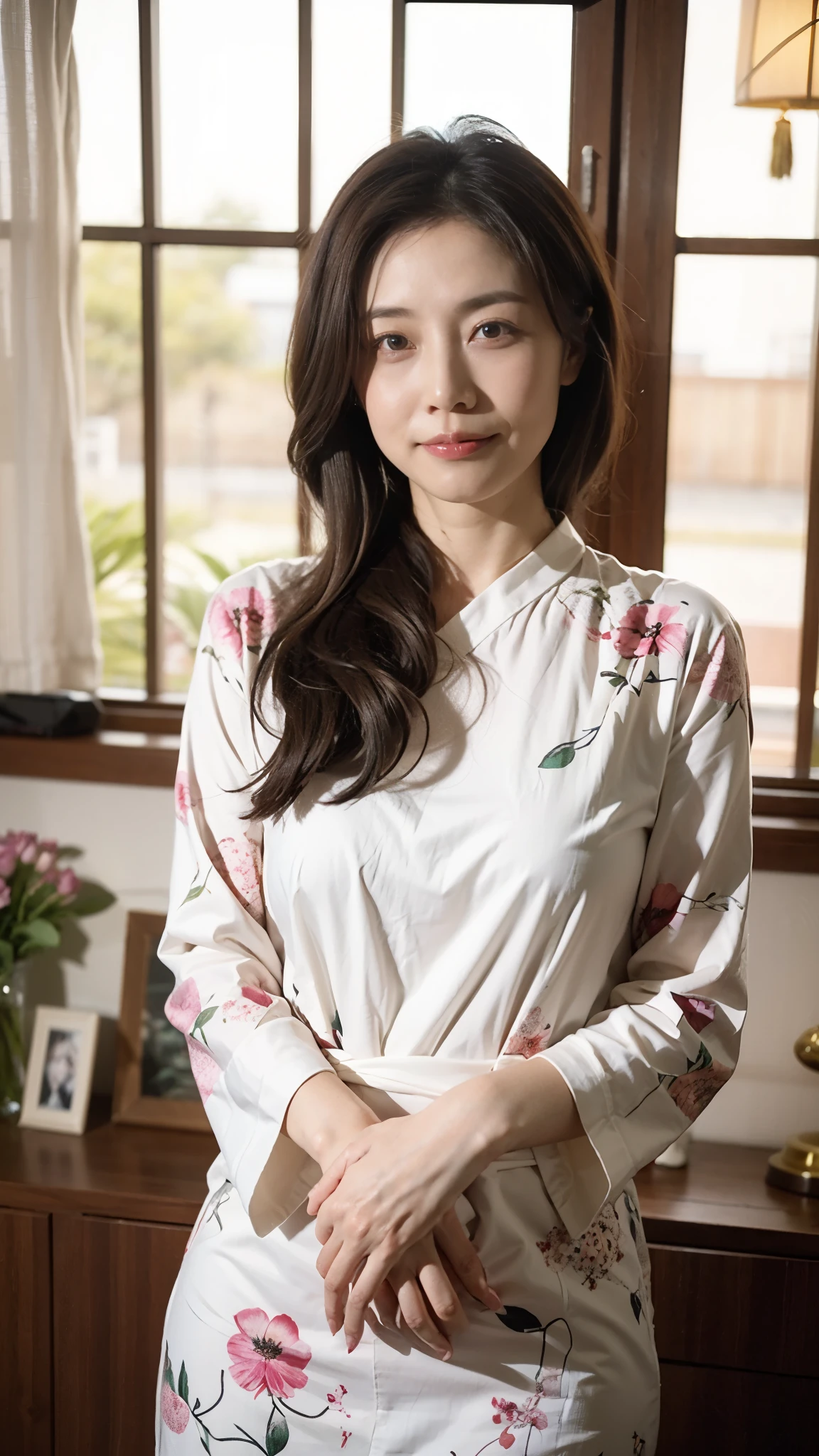 lifelike, 45mm, Super detailed, natural skin texture, Surrealism, There was a lovely girl、Japanese hairpin hairstyle、light brown hair、thin:1.3、small:1.3、and服式吊袜带、seduct smile，This pose is so cute and beautiful、 The background is a Japanese-style room，Surrounded by warm and inviting colors。(flower)，房间采用柔and的照明，Creates a romantic atmosphere。家具and织物的暖色调and纹理为场景增添了一丝舒适感。Overall image quality reaches the highest standards，强调超细节渲染and照片级真实感效果。Vibrant colors，灯光柔and而动态，增强了场景的深度and维度。[lifelike照明]、[vivid colors]and[柔and的阴影]Contributes to overall visual appeal。场景的构图and取景都是精心制作的，这是一部以最大的现实主义and艺术技巧描绘and浪漫本质的杰作。