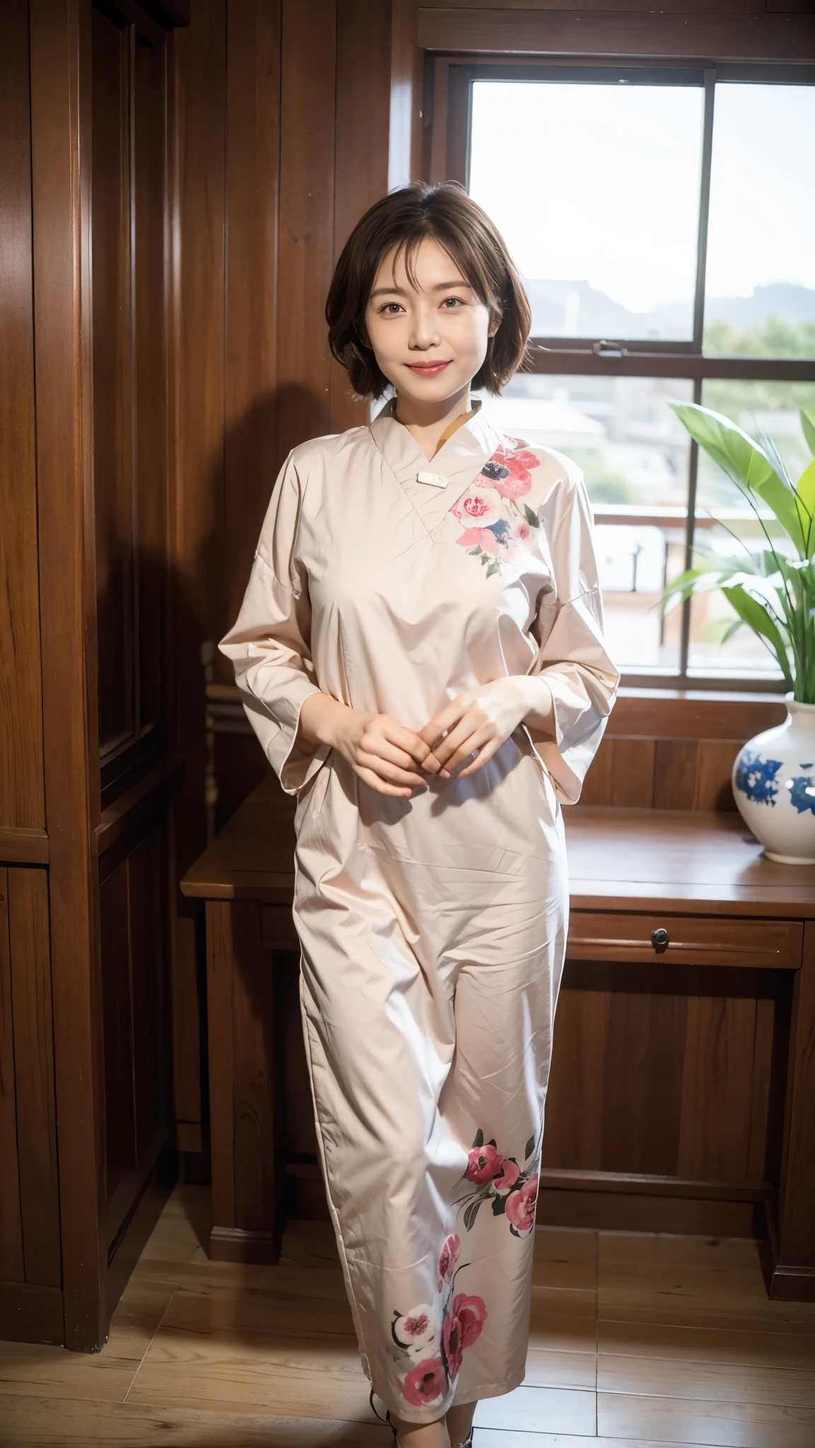 lifelike, 45mm, Super detailed, natural skin texture, Surrealism, There is a lovely woman、light brown hair、thin:1.3、small:1.3、Chinese clothing、seduct smile，This pose is so cute and beautiful、 The background is a traditional room，Surrounded by warm and inviting colors。(flower)，房间采用柔and的照明，Creates a romantic atmosphere。家具and织物的暖色调and纹理为场景增添了一丝舒适感。Overall image quality reaches the highest standards，强调超细节渲染and照片级真实感效果。Vibrant colors，灯光柔and而动态，增强了场景的深度and维度。[lifelike照明]、[vivid colors]and[柔and的阴影]Contributes to overall visual appeal。场景的构图and取景都是精心制作的，这是一部以最大的现实主义and艺术技巧描绘and浪漫本质的杰作。