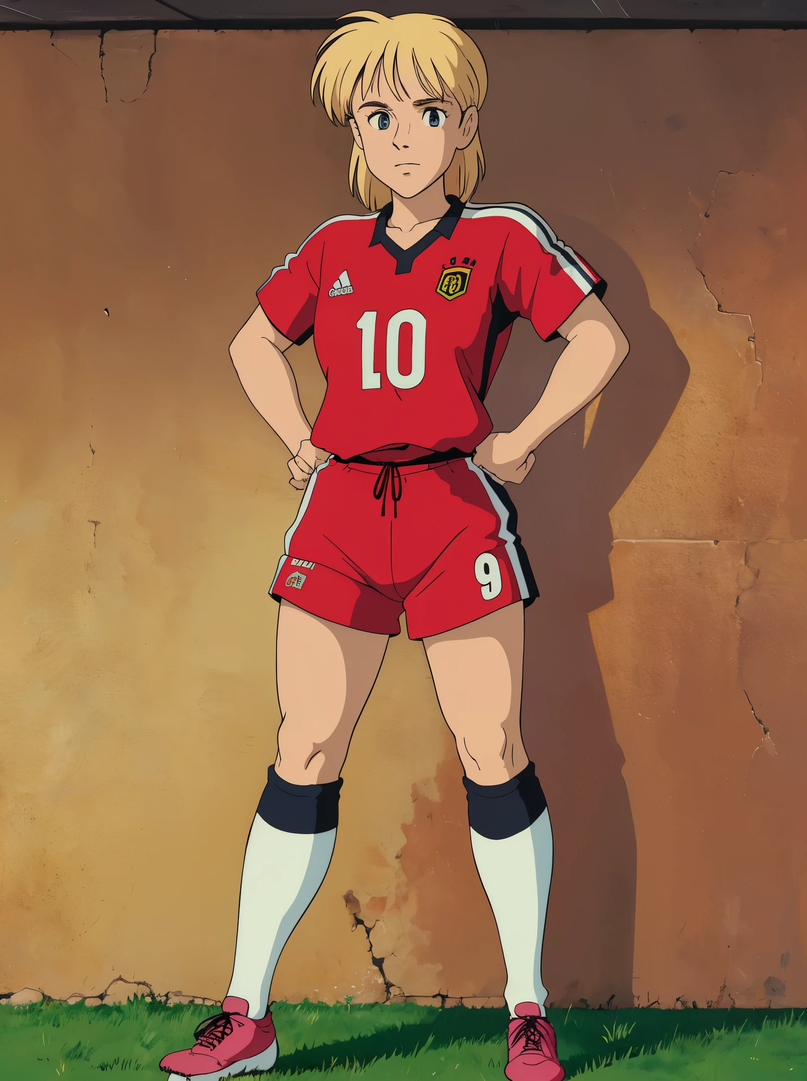 Female, blonde hair, medium hair, 90’s hair, average height, medium breasts, Germany jersey, soccer uniform, soccer socks, and cleats, Left-back Defender, legend status, Wallpaper, portrait, standing upright, German girl, 1girl, 90’ssoccer uniform, 90’s soccer, fit, slim
