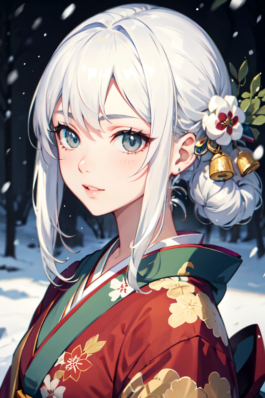 ((best quality)), ((masterpiece)), (detailed), perfect face,A woman in a kimono and white hair,kuudere,snow in the background,short