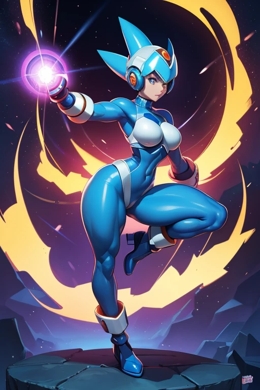 Female Megaman, charged up her arm cannon, stands in a dynamic pose, ready to unleash the powerful energy pulsating through her arm cannon, art, , epic, flawless skin, ruins slender, hyper realistic, , 8k, artwork by Frank Cho, Boris Vallejo and Alberto Vargas