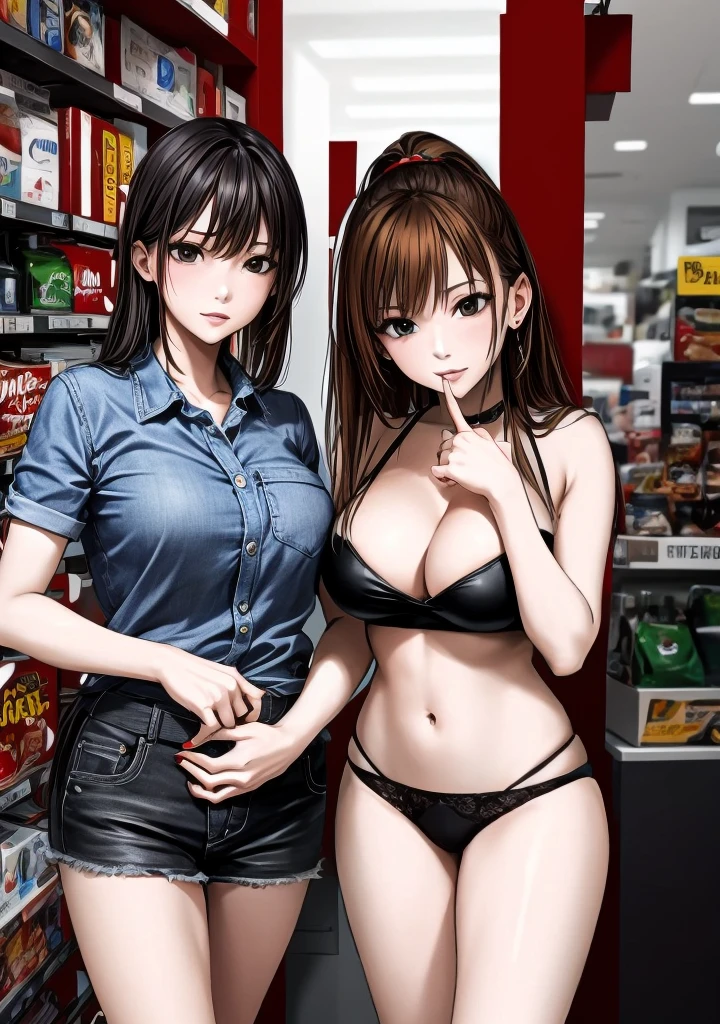 A beautiful adult woman with shoulder-length big breasts, beautiful legs, and a sharp face is standing with a middle-aged man working at a supermarket in a black tube top that exposes her navel and hot pants shaped like black panties.。