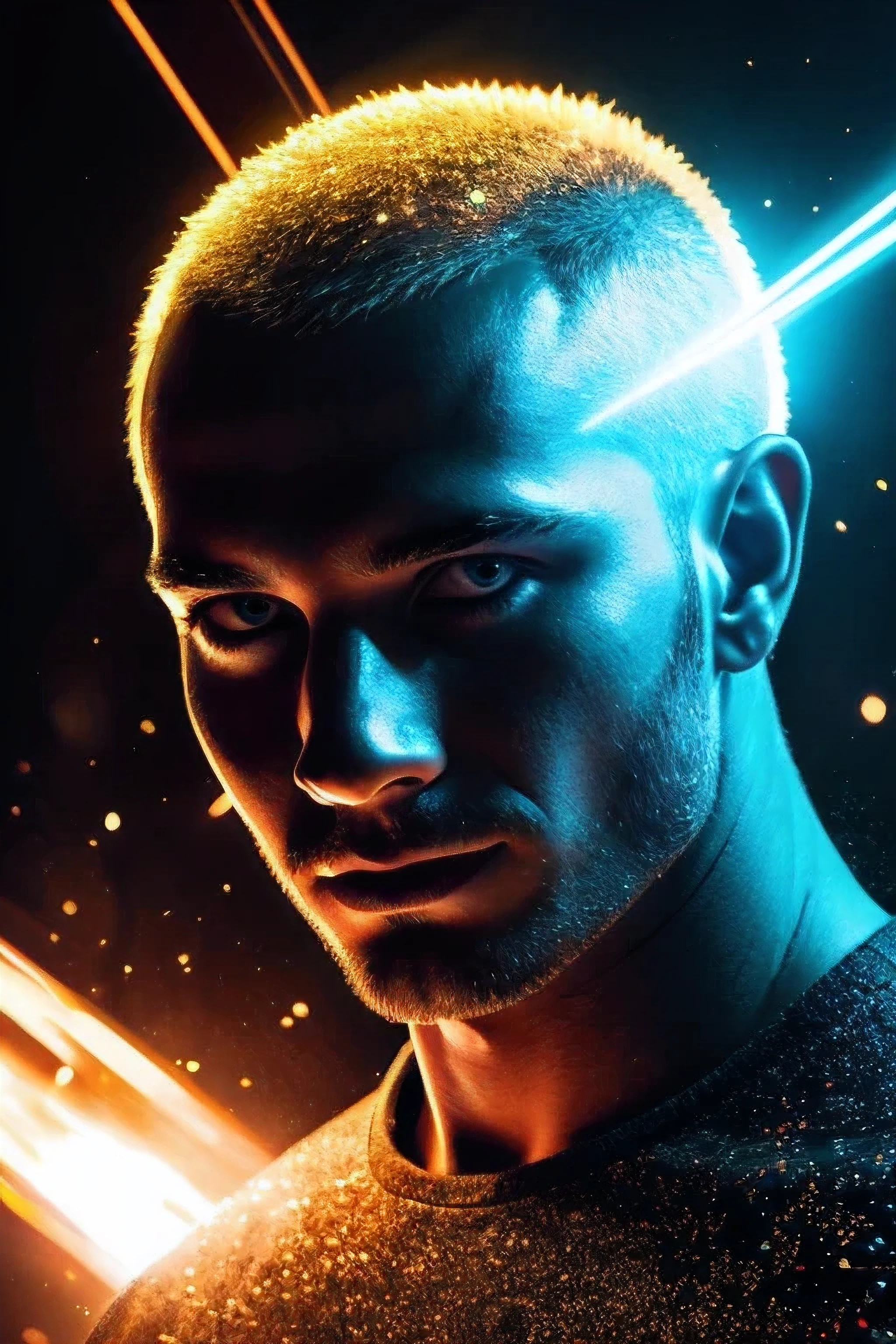 A person portrait with lot's of glowing particle beside his head and creating a shiny effect