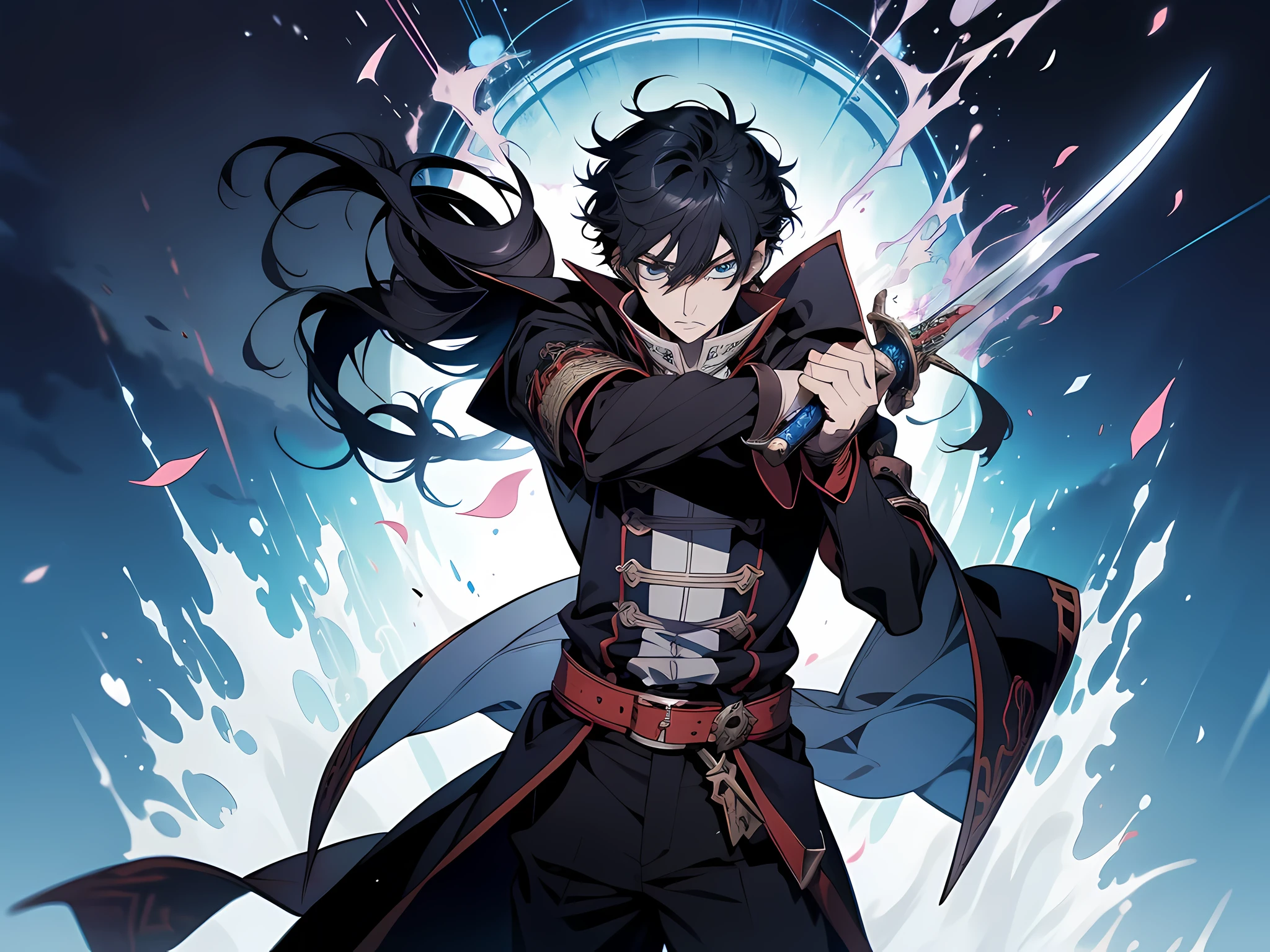 (1 man) anime character with sword in hand and blue background, trigger anime artstyle, tall anime guy with blue eyes, inspired by Okumura Masanobu, anime fencer, key anime art, an edgy assassin, demon slayer art, inspired by Okumura Togyu, kentaro miura manga art style, handsome anime pose