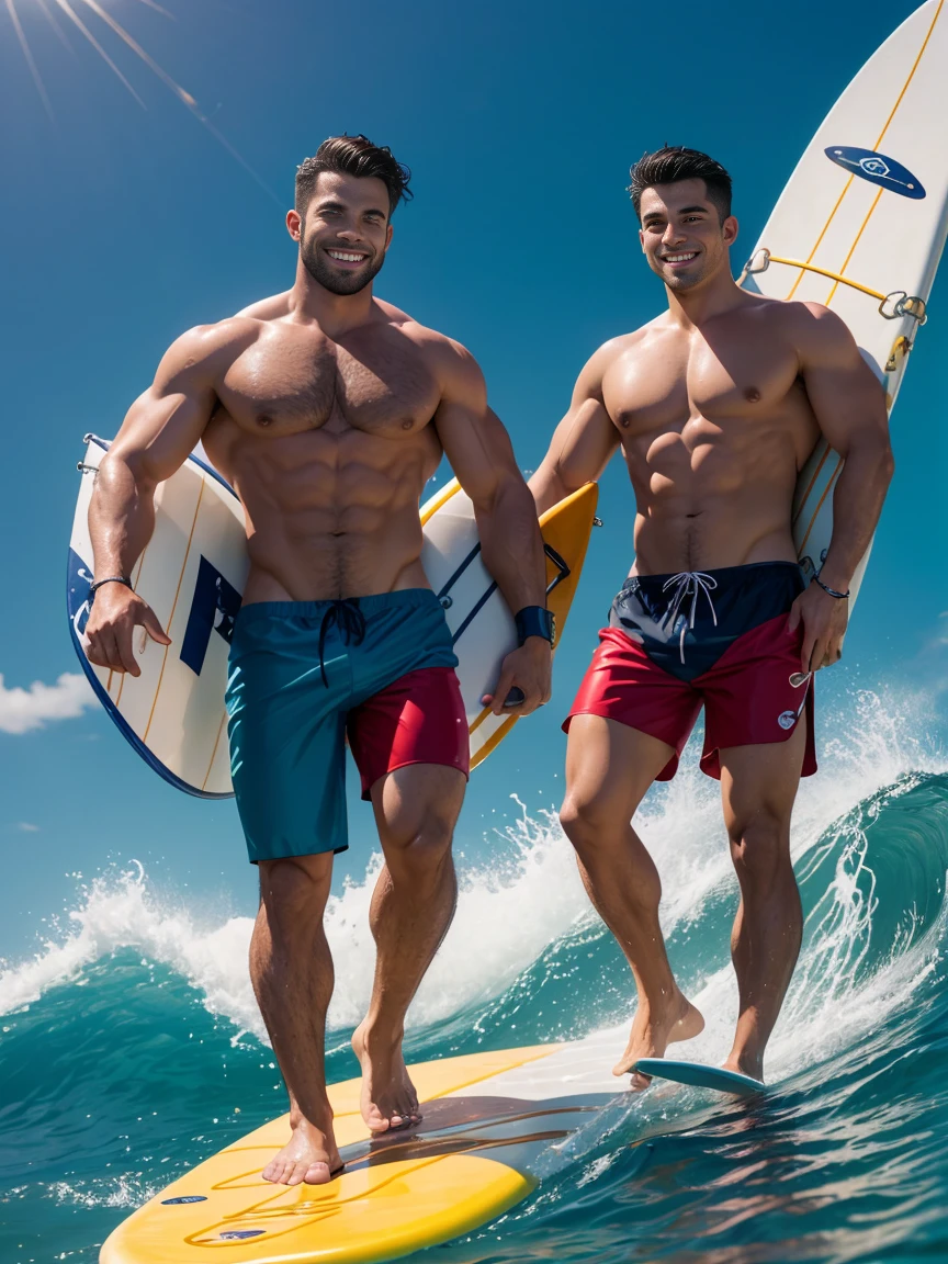 8k,8K resolution,2 Muscular Europeans, handsome man,charming eyes,rough real skin,beautiful, smooth and shiny,Full muscles,Thick body hair, (Wearing fashionable swimming trunks),big bag,emphasize,(sea board surfing),Two men smiling happily,sea board surfing,The waves are high,The two rushed out of the waves chasing each other,professional lighting,Professional photography,Realistic photos,realistic model,realistic art