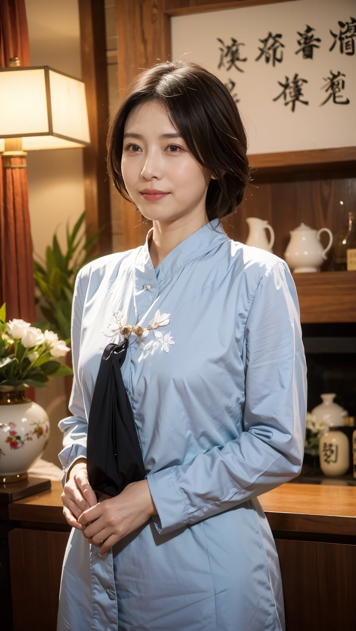 lifelike, 45mm, Super detailed, natural skin texture, Surrealism, There is a lovely woman、light brown hair、thin:1.3、small:1.3、Chinese clothing、seduct smile，This pose is so cute and beautiful、 The background is a traditional room，Surrounded by warm and inviting colors。(flower)，房间采用柔and的照明，Creates a romantic atmosphere。家具and织物的暖色调and纹理为场景增添了一丝舒适感。Overall image quality reaches the highest standards，强调超细节渲染and照片级真实感效果。Vibrant colors，灯光柔and而动态，增强了场景的深度and维度。[lifelike照明]、[vivid colors]and[柔and的阴影]Contributes to overall visual appeal。场景的构图and取景都是精心制作的，这是一部以最大的现实主义and艺术技巧描绘and浪漫本质的杰作。