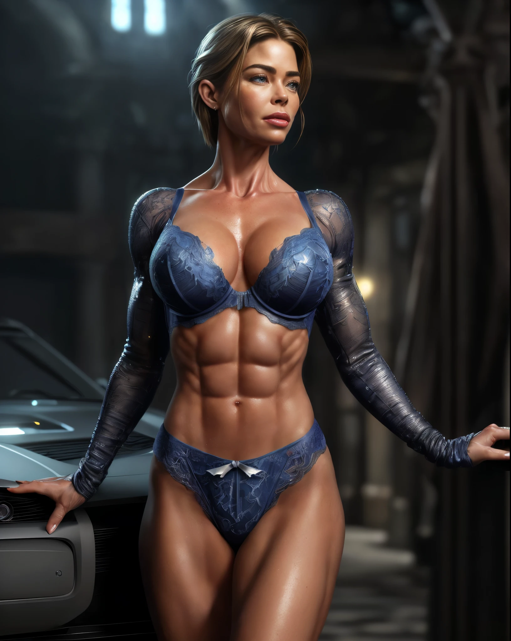 (hyperrealistic),extremely realistic image, ultra hd, all detailed, depth effects, real Beauty top model , adult woman , realistic face, ((denise richards)), (short hair), (high resolution:1.5) ((Ultra-detailed rendering)), ((:1.3 , fitness waist, wide hip )), arms up , hiding hands, ((lingerie inspired by a queen bee)), ((best quality)), ((cars inspired background)), ((masterpiece)), (fantasy illustration: 1.3), (best quality: 1.5), ((goosebumps:1.5 ) ), detailed, 8K, HDR, Wide light, high contrast, backlighting, brightness, light glows, sharp focus, ((realistic eyes:1.2)), ((detailed muscles: 1.it detailed ultra realistic:1.5)), photo, female, photorealism, cinematic lighting, blue eyes, Denise Richard face
