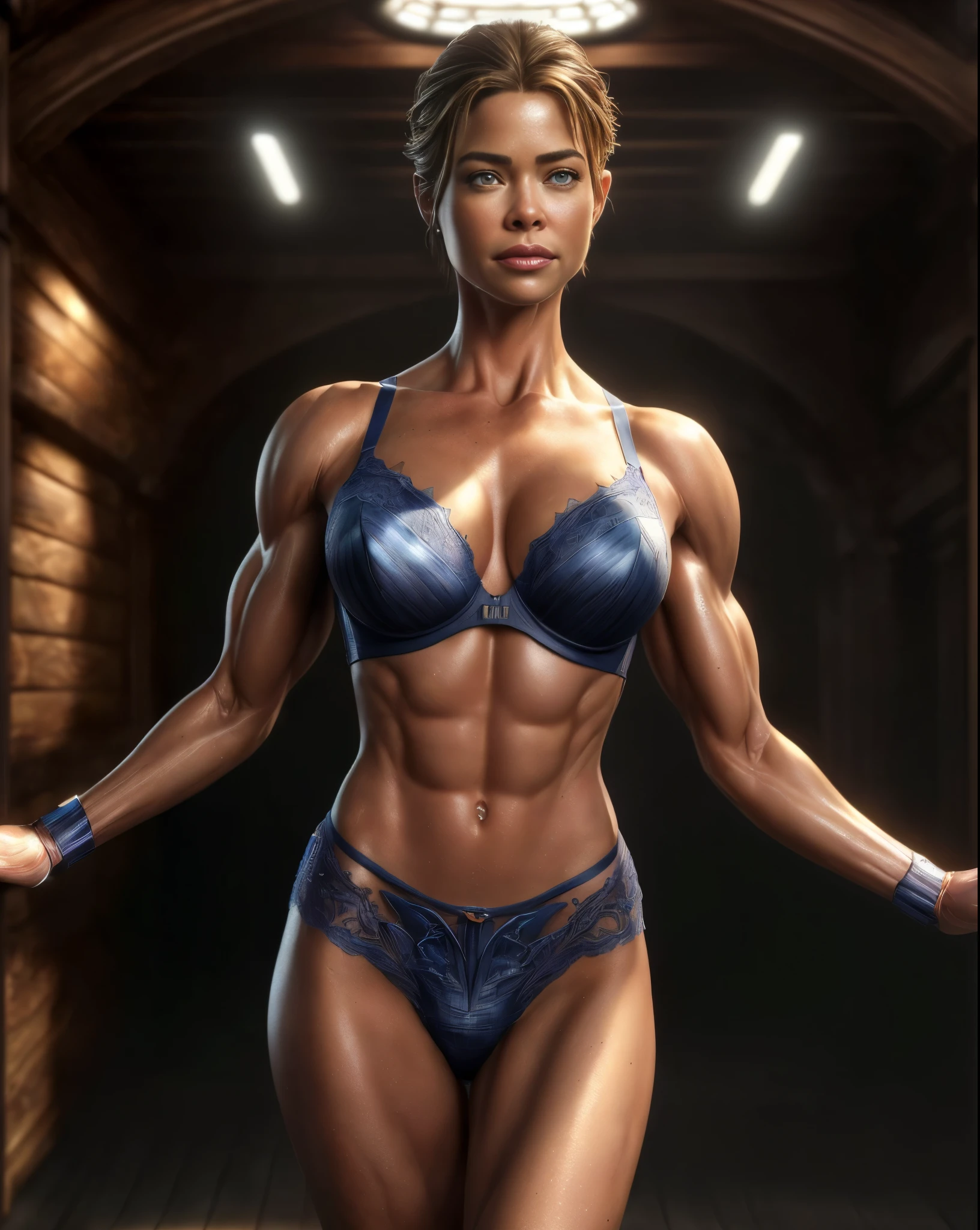 (hyperrealistic),extremely realistic image, ultra hd, all detailed, depth effects, real Beauty top model , adult woman , realistic face, ((denise richards)), (short hair), (high resolution:1.5) ((Ultra-detailed rendering)), ((big tits:1.3 , fitness waist, wide hip )), arms up , hiding hands, ((lingerie inspired by a queen bee)), ((best quality)), ((cars inspired background)), ((masterpiece)), (fantasy illustration: 1.3), (best quality: 1.5), ((goosebumps:1.5 ) ), detailed, 8K, HDR, Wide light, high contrast, backlighting, brightness, light glows, sharp focus, ((realistic eyes:1.2)), ((detailed muscles: 1.it detailed ultra realistic:1.5)), photo, female, photorealism, cinematic lighting, blue eyes, Denise Richard face