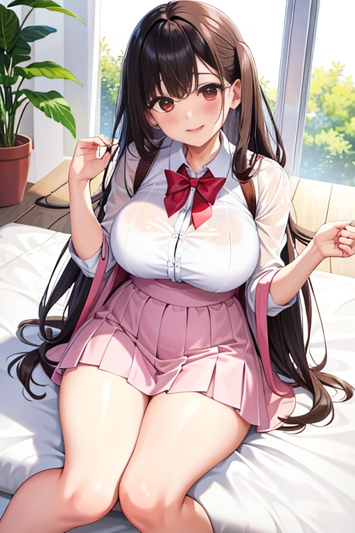 Super detailed,masterpiece,best quality,harf,View,blush blush,Yazawa Nico,red eyes, Blunt hair, 1 female、White clothes、The belly is visible,White bun hairstyle, black hair color hair、chubby、Smile、pale pink lips、Soaked all over,oestrus,Blushed,visible、bare legs,Sit with your knees folded,wet hair,messy hair
