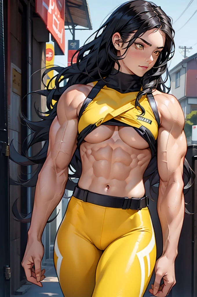 ((((((1 girl)))))), black hair, yellow eyes, very long hair, ((((((muscular)))))), tall, pale skin, (underboob and leggings), (solo), (seductive expression), cowboy shot, wavy hair