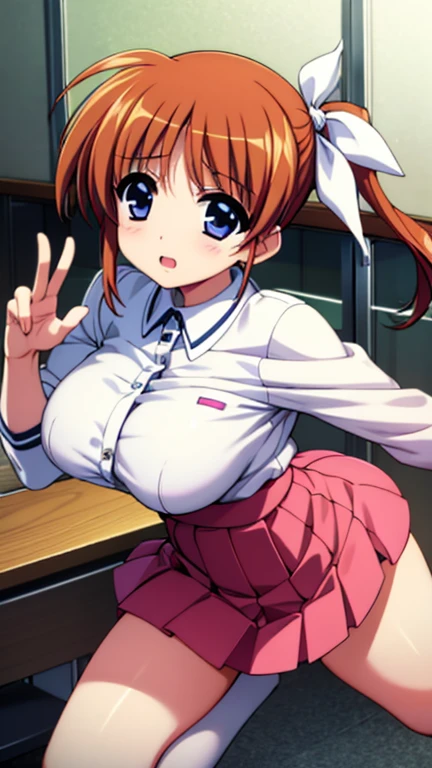 one girl,full body figure,ロリbig breasts、、primalength、very big boobs,big boobs,perfect 5-fingered hands、mini skirt、I can see white panties、whitepanty、shy face、perfect thing、highest quality、big breasts、detailed description、small details、detailed face、white skin、lift skirt、Skirt flip、classroom、erotic pose、Nanoha Takamachi、takamachi nanoha、magical girl lyrical nanoha、school uniform