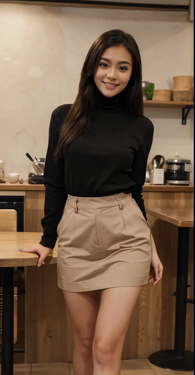Masterpiece, cute girl, 27 year old, dry skin, headshot, brown skin, Filipina, Black hair, standing, full body, Highest quality, Ultra realistic, Instagram picture, smile, in a cafe, wearing black turtle neck shirt