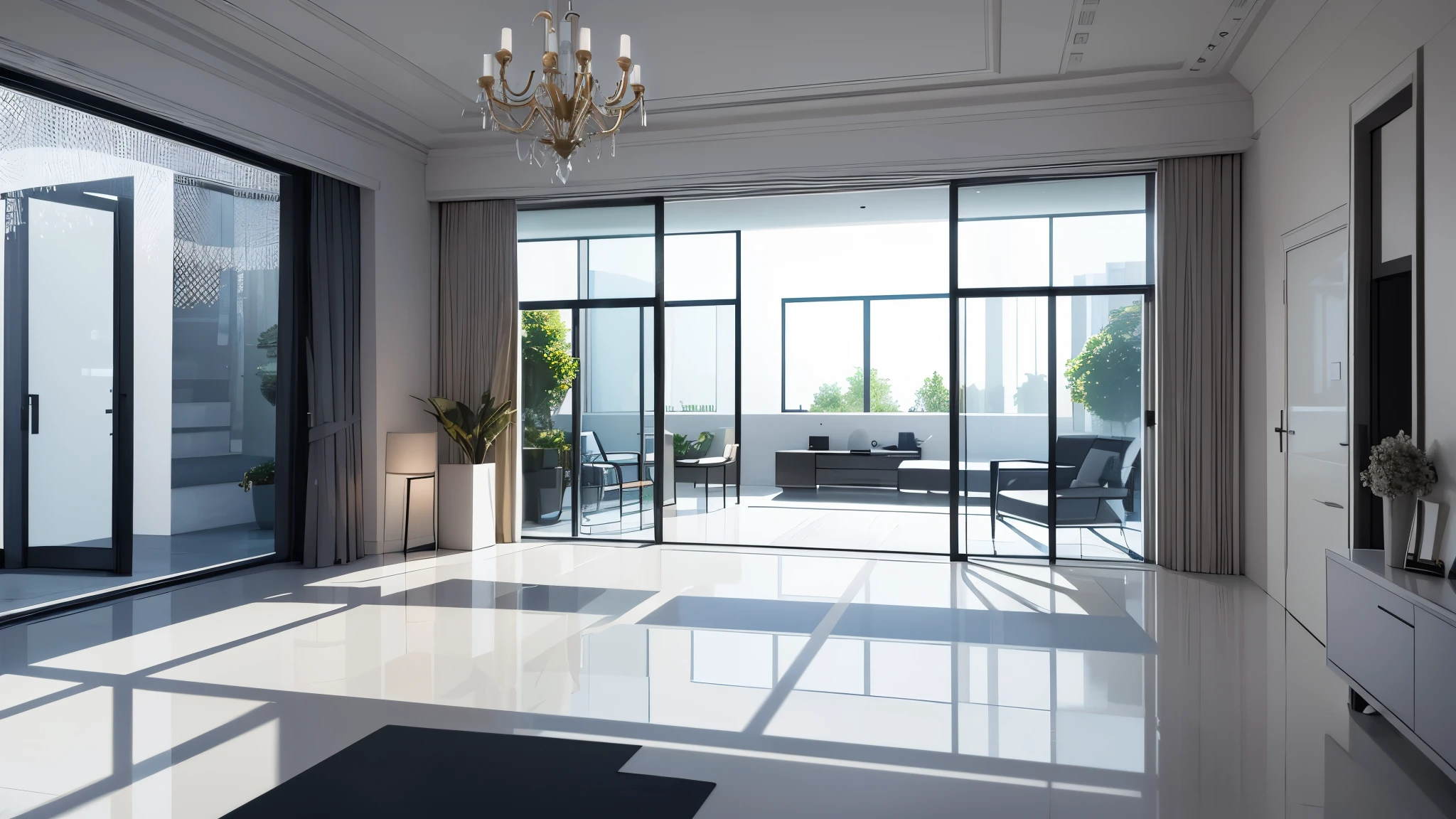You are a famous interior designer、You have been asked to create a 3D image of a modern large room. Create a harmonious environment with modern and minimalist furniture. Including garden interior.