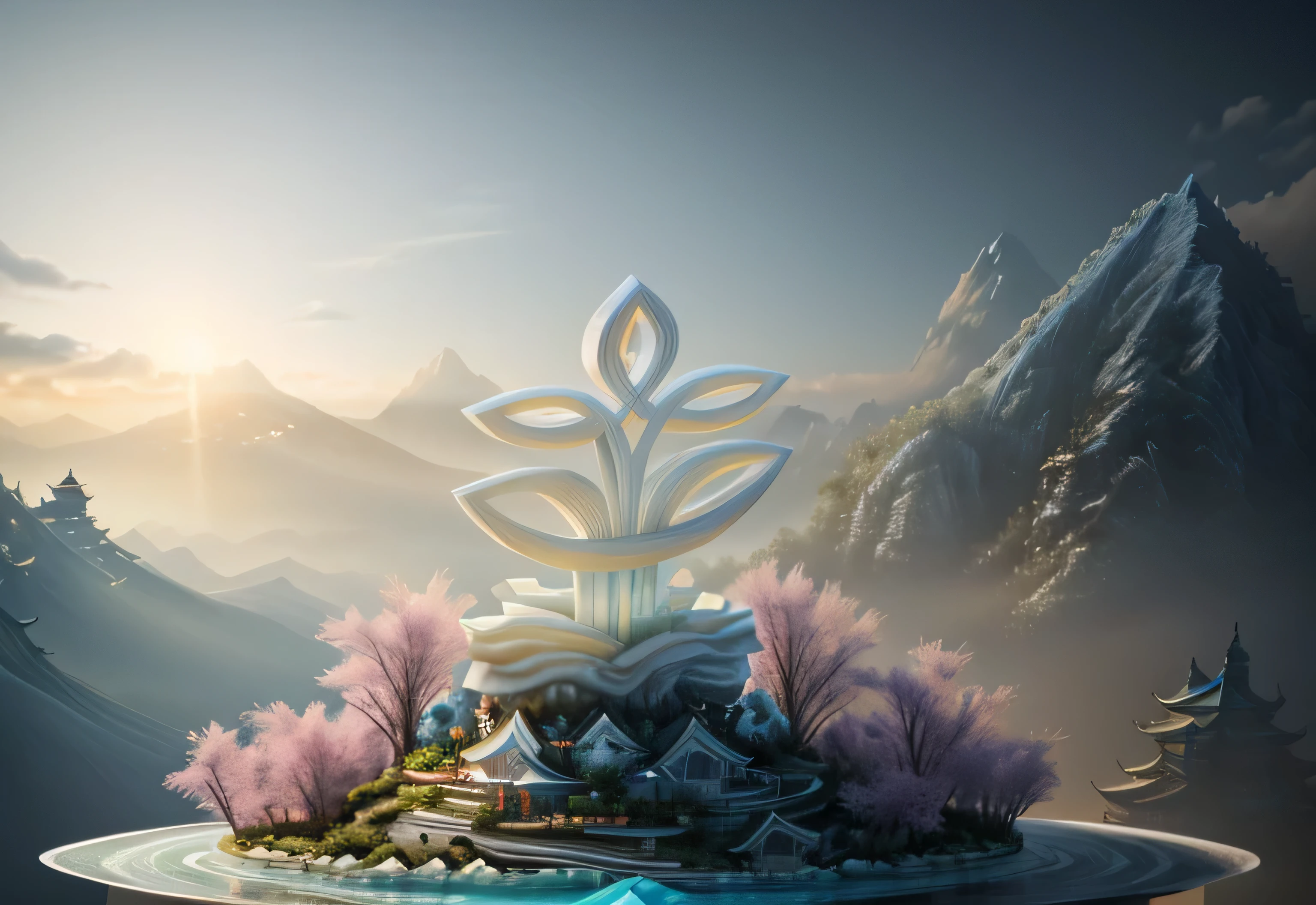 best quality, realistic, photorealistic, ultra detailed, "Mountain of Flower and Fruit+Fairy+Chinese Architecture" highly detailed carving on "southern ice" porcelain,Ultra wide angle,Accent Lighting,Volumetric Lighting,backlighting, (detailed light),((an extremely delicate and beautiful)),dramatic_shadow,ray_tracing,hdr